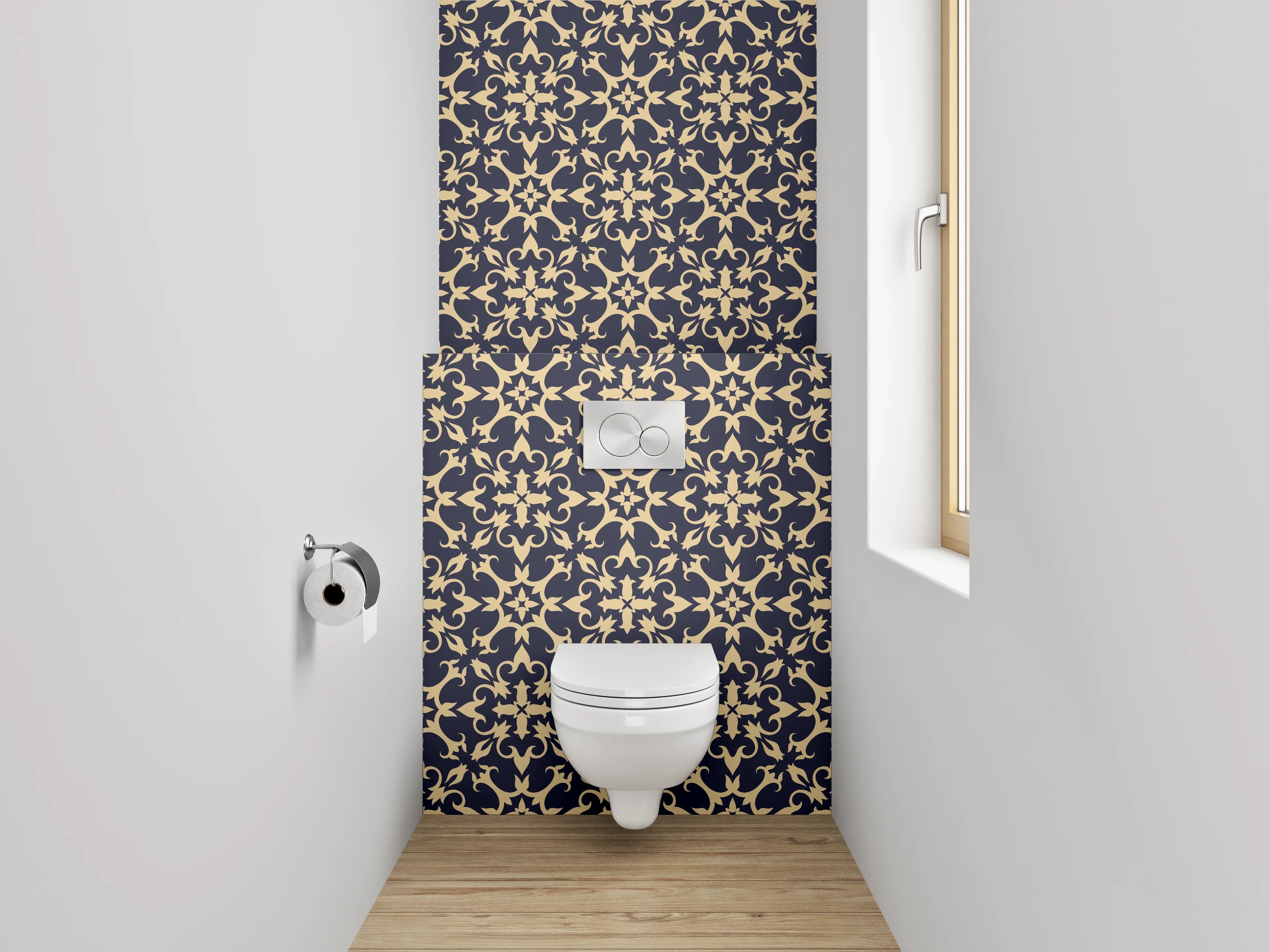 WC-Rückwand - Klassisches Ornament Muster Dunkelblau Gold