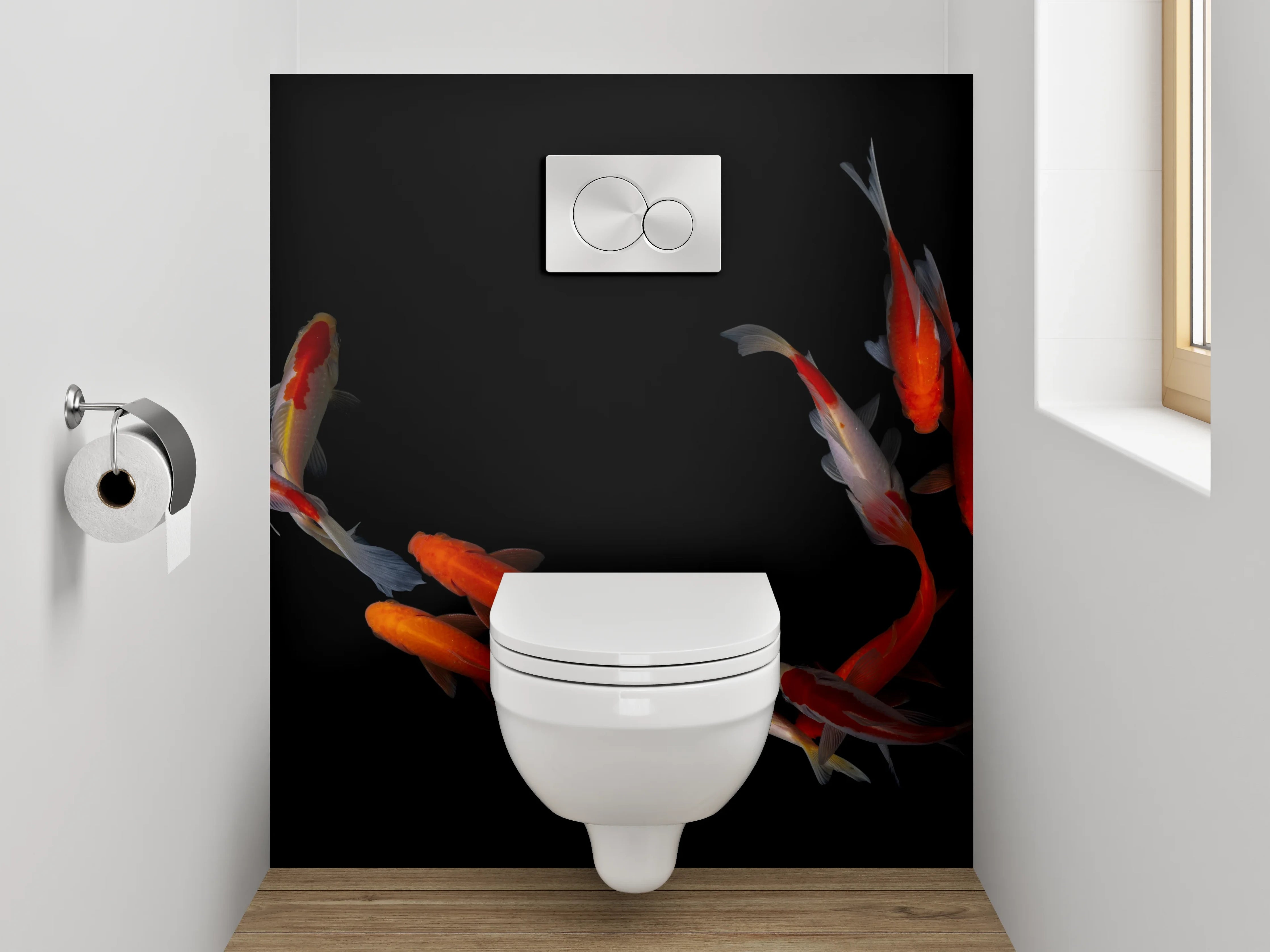 WC-Rückwand - Koi-Fische auf schwarzem Hintergrund