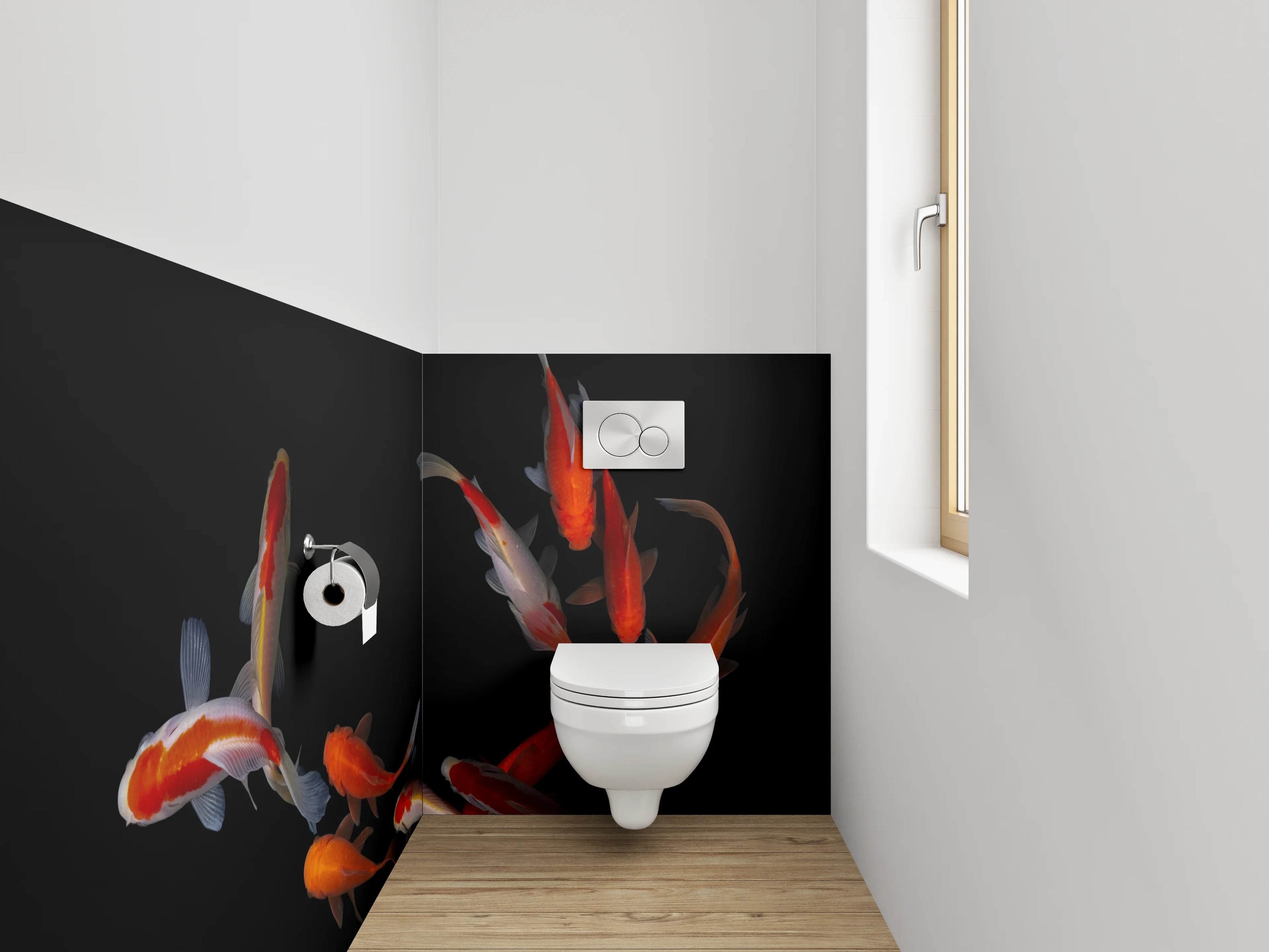 WC-Rückwand - Koi-Fische auf schwarzem Hintergrund