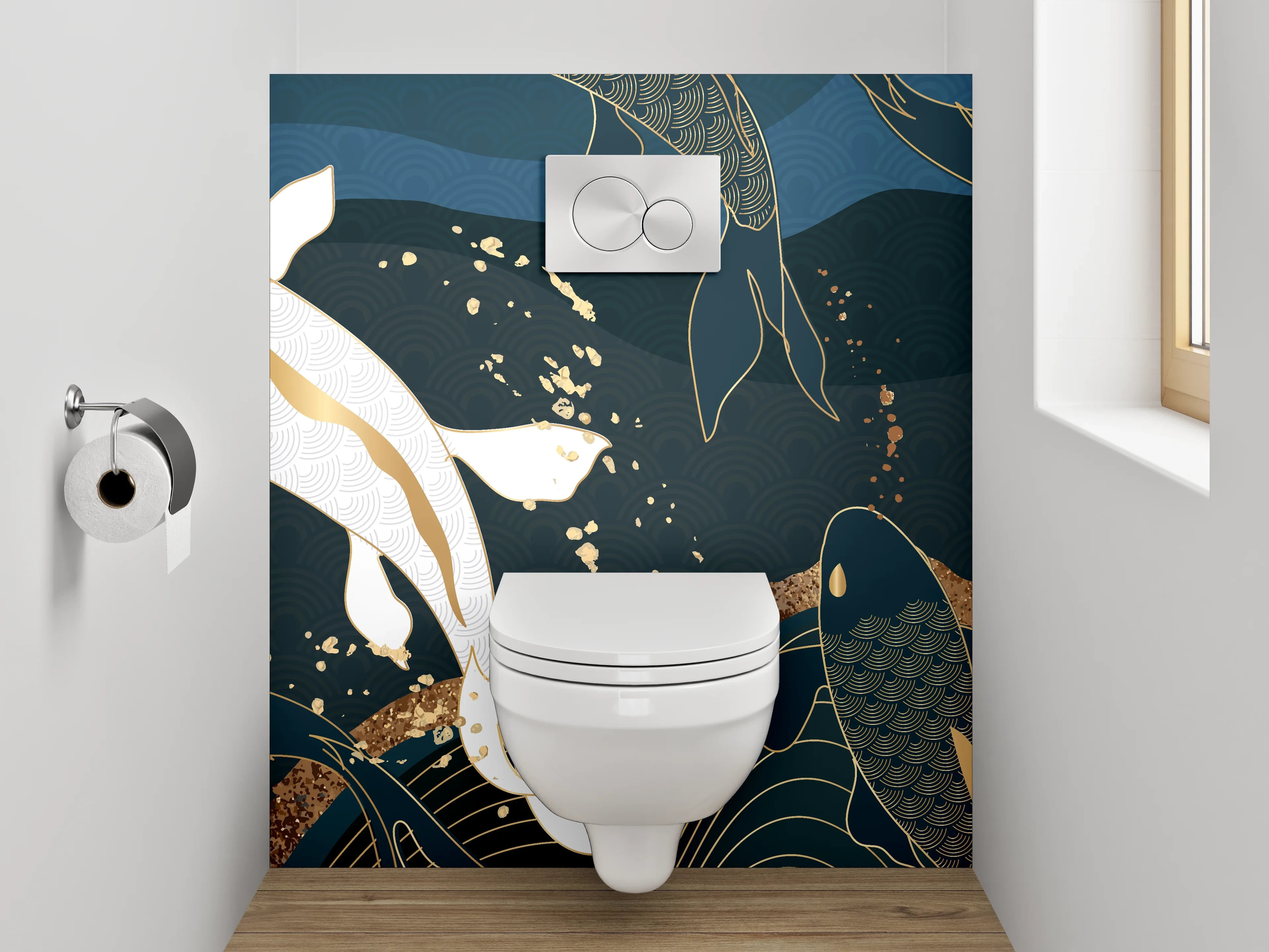 WC-Rückwand - Koi Karpfen Kunst Blau Gold