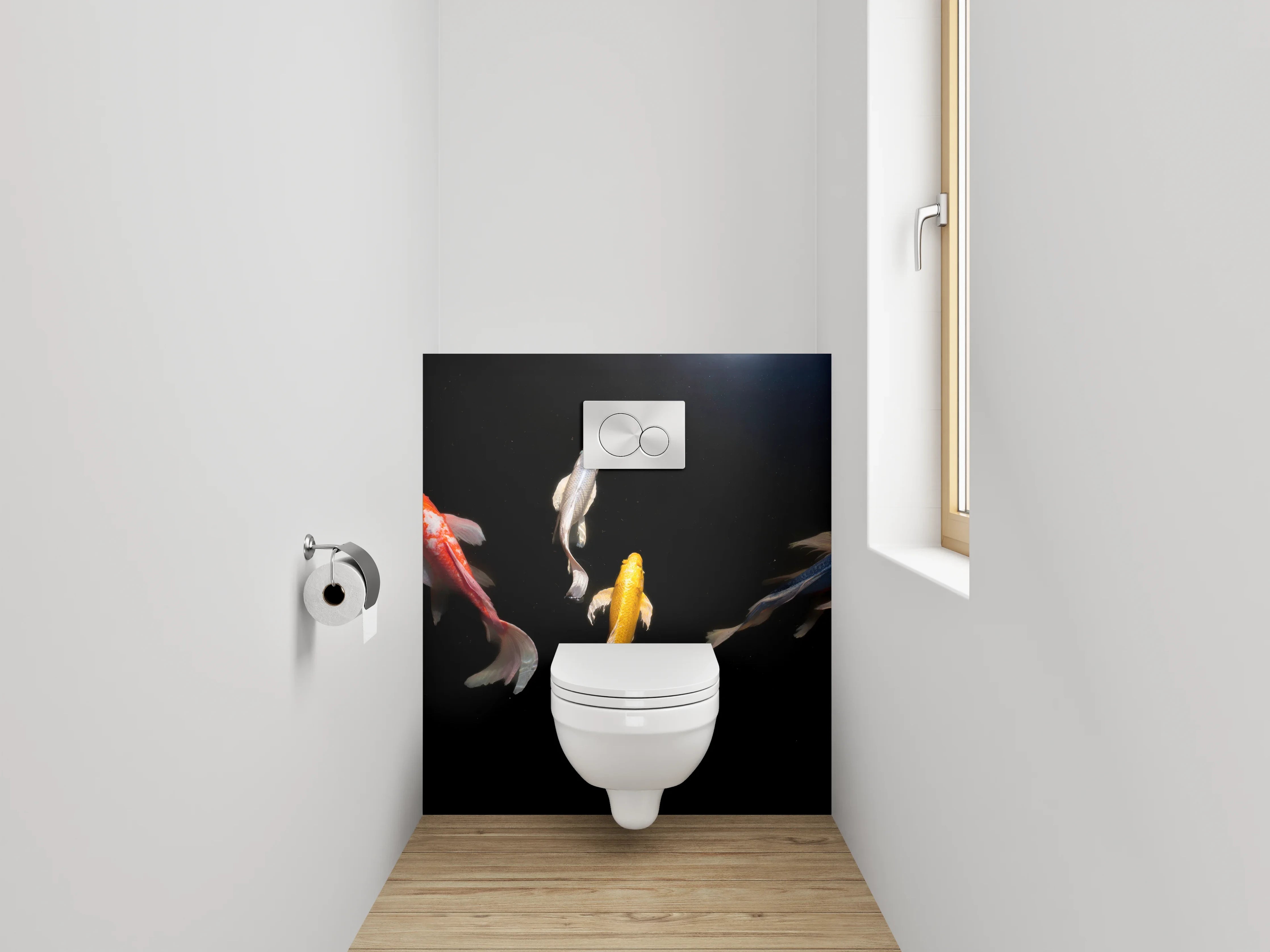 WC-Rückwand - Koi-Karpfen auf schwarzem Hintergrund