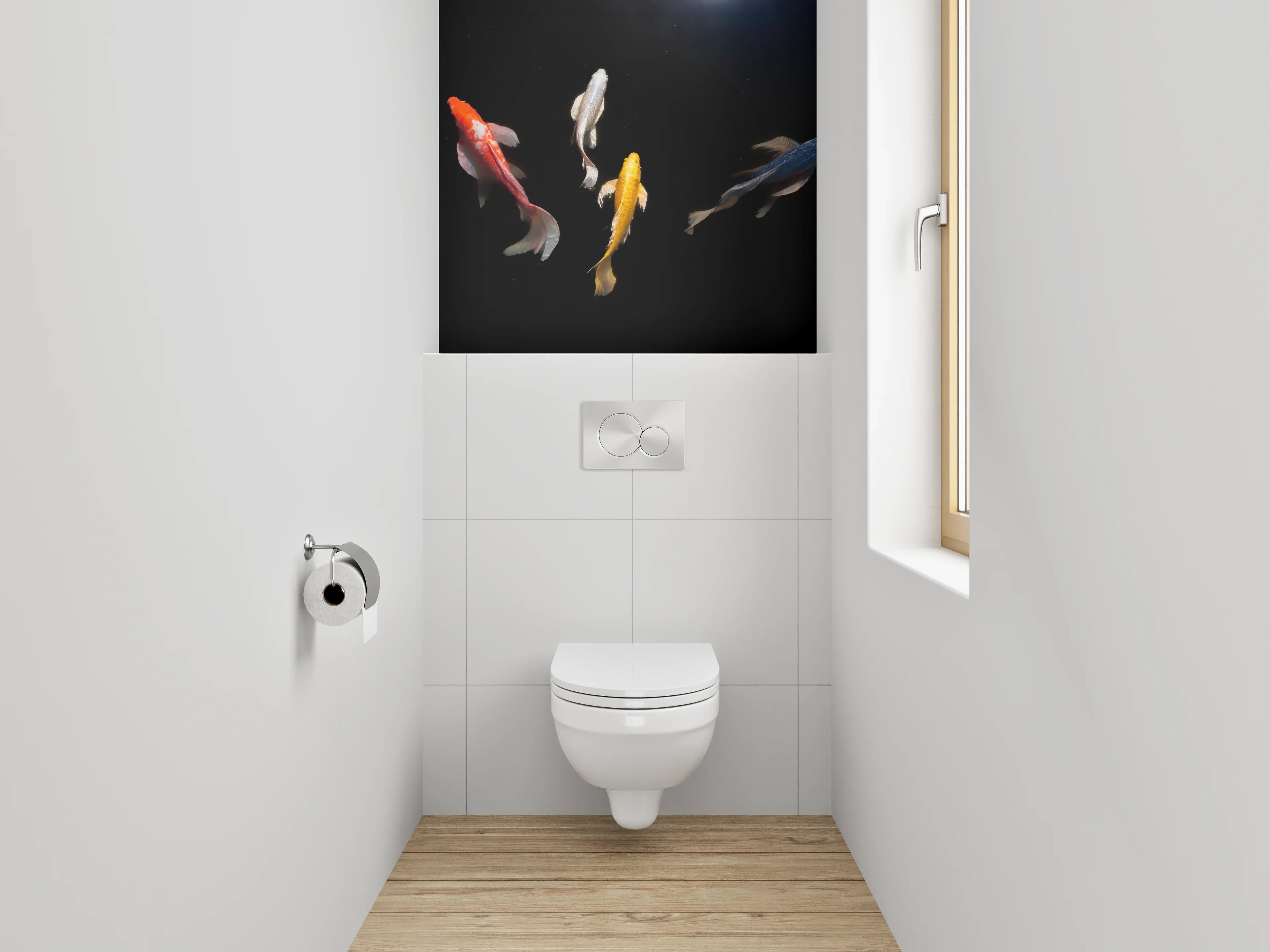 WC-Rückwand - Koi-Karpfen auf schwarzem Hintergrund