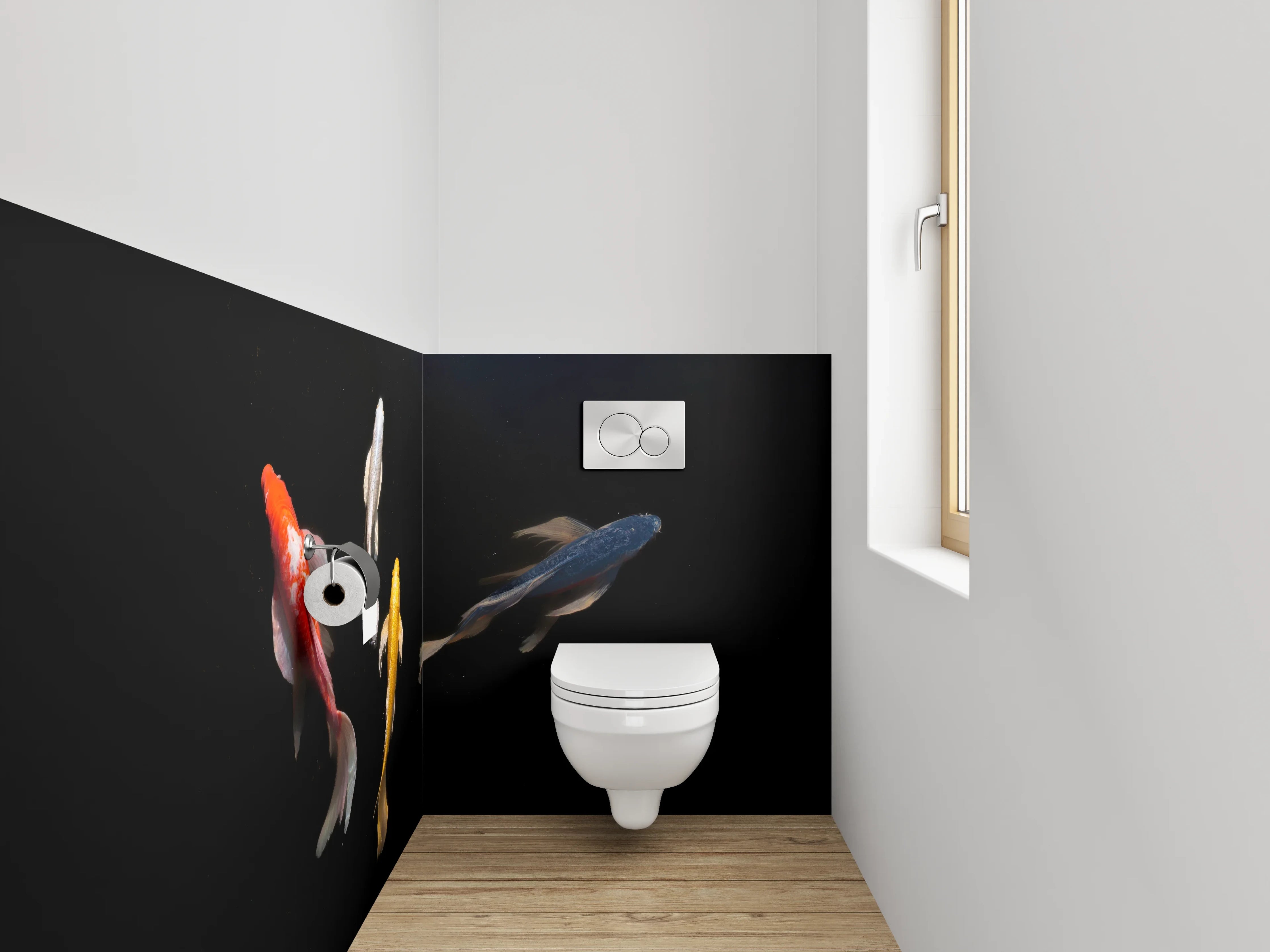 WC-Rückwand - Koi-Karpfen auf schwarzem Hintergrund