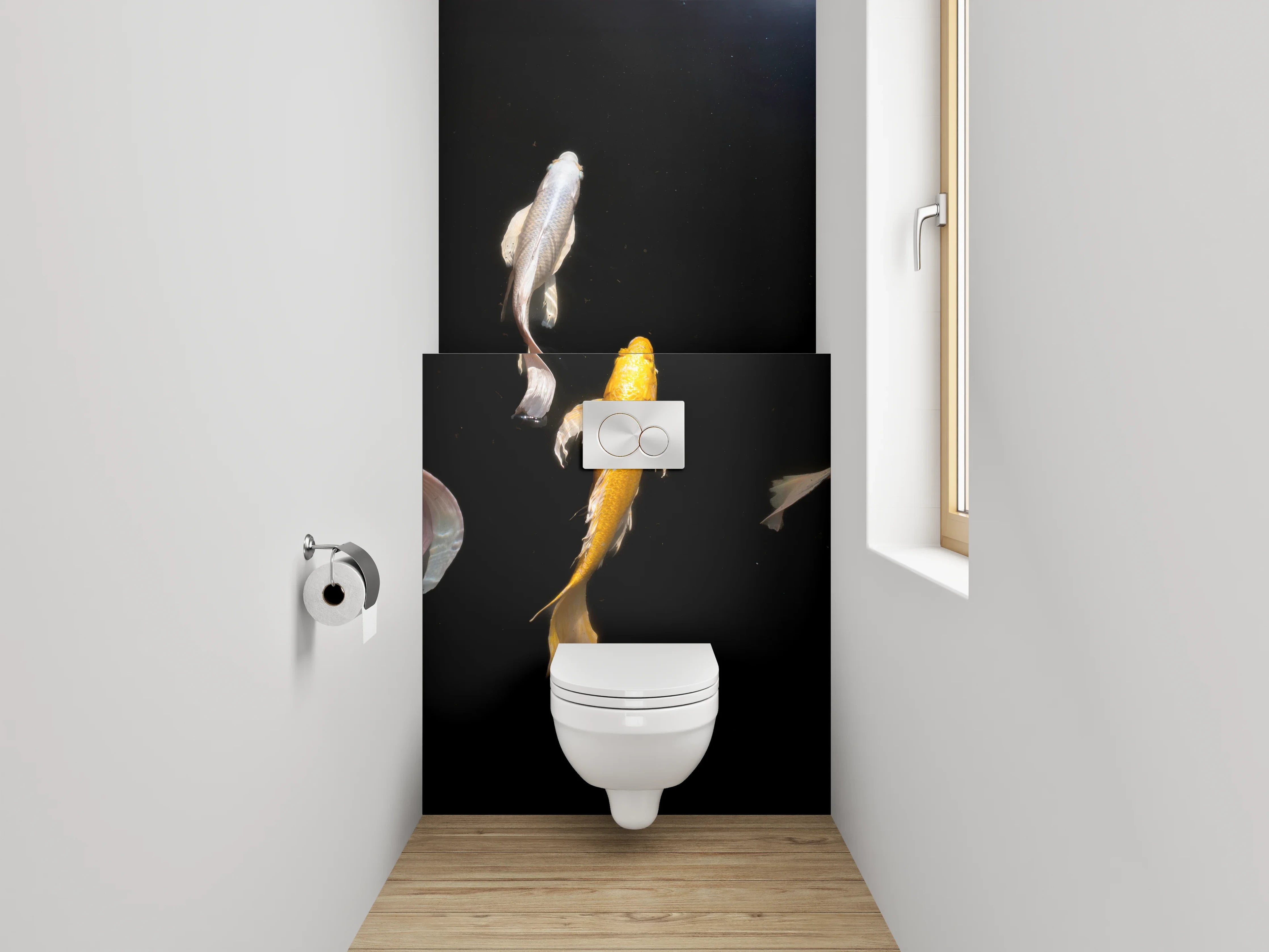 WC-Rückwand - Koi-Karpfen auf schwarzem Hintergrund