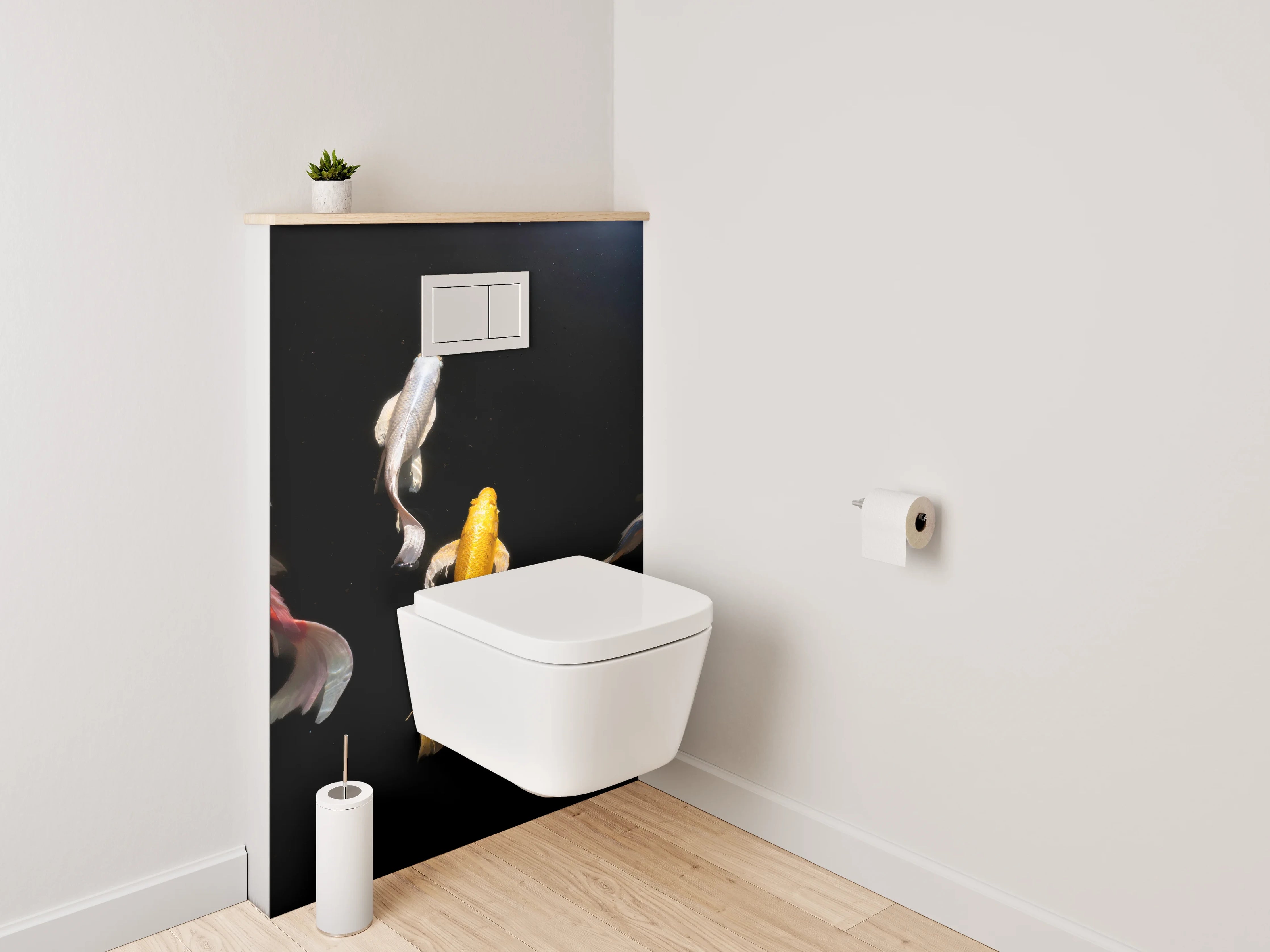 WC-Rückwand - Koi-Karpfen auf schwarzem Hintergrund