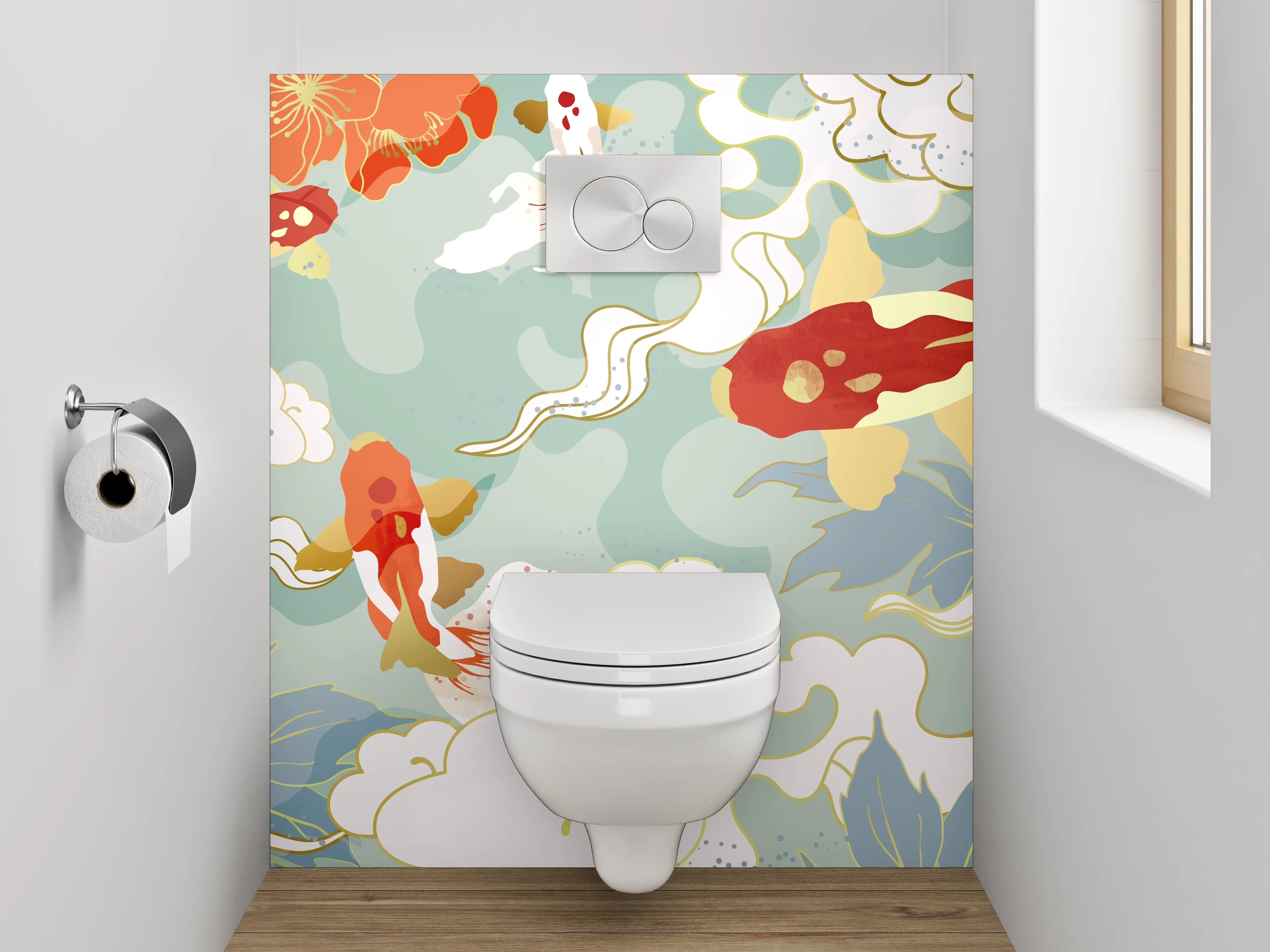 WC-Rückwand - Koi-Karpfen und Kirschblüten Kunst