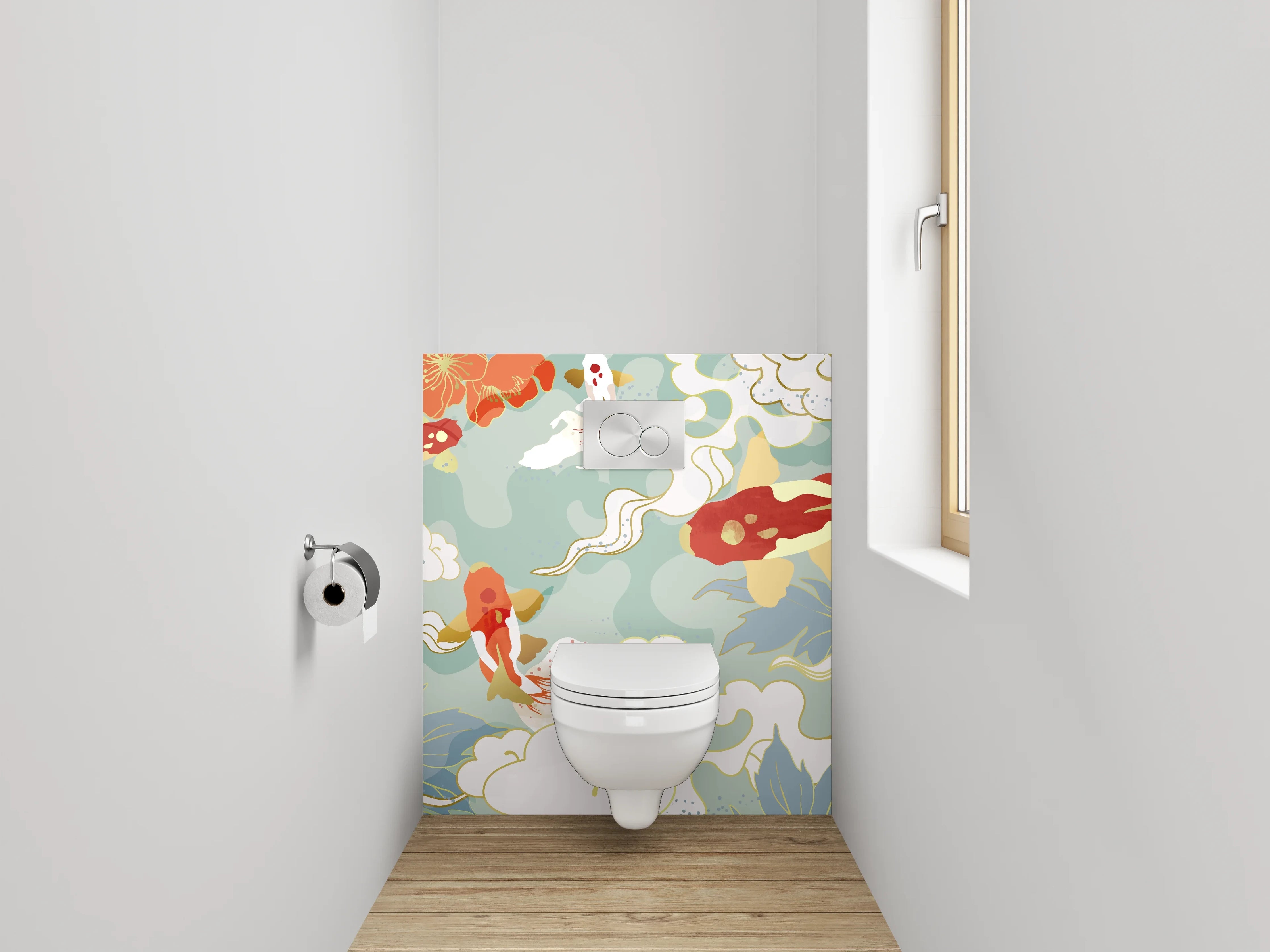 WC-Rückwand - Koi-Karpfen und Kirschblüten Kunst