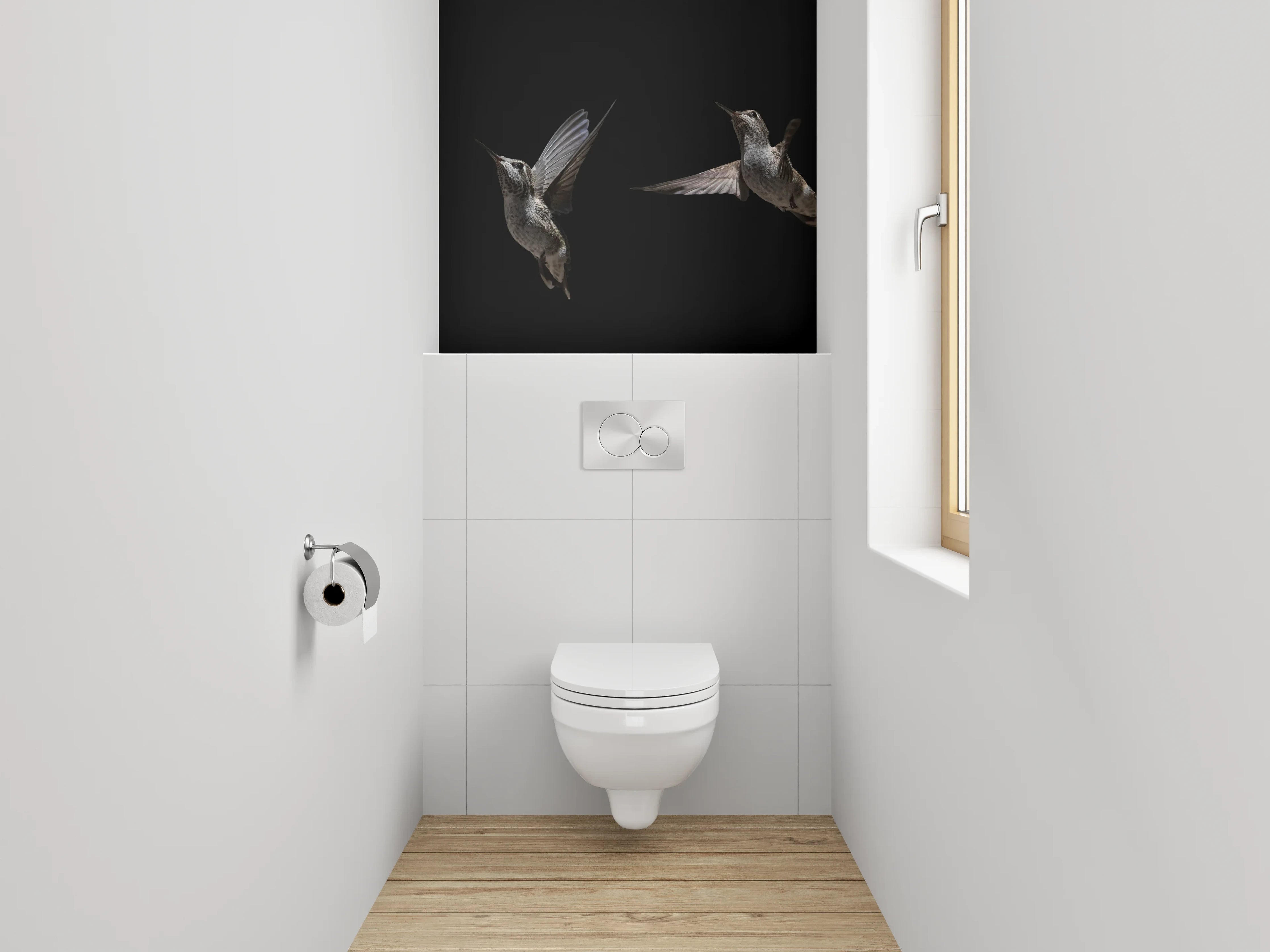 WC-Rückwand - Kolibri bei Blume auf Schwarz