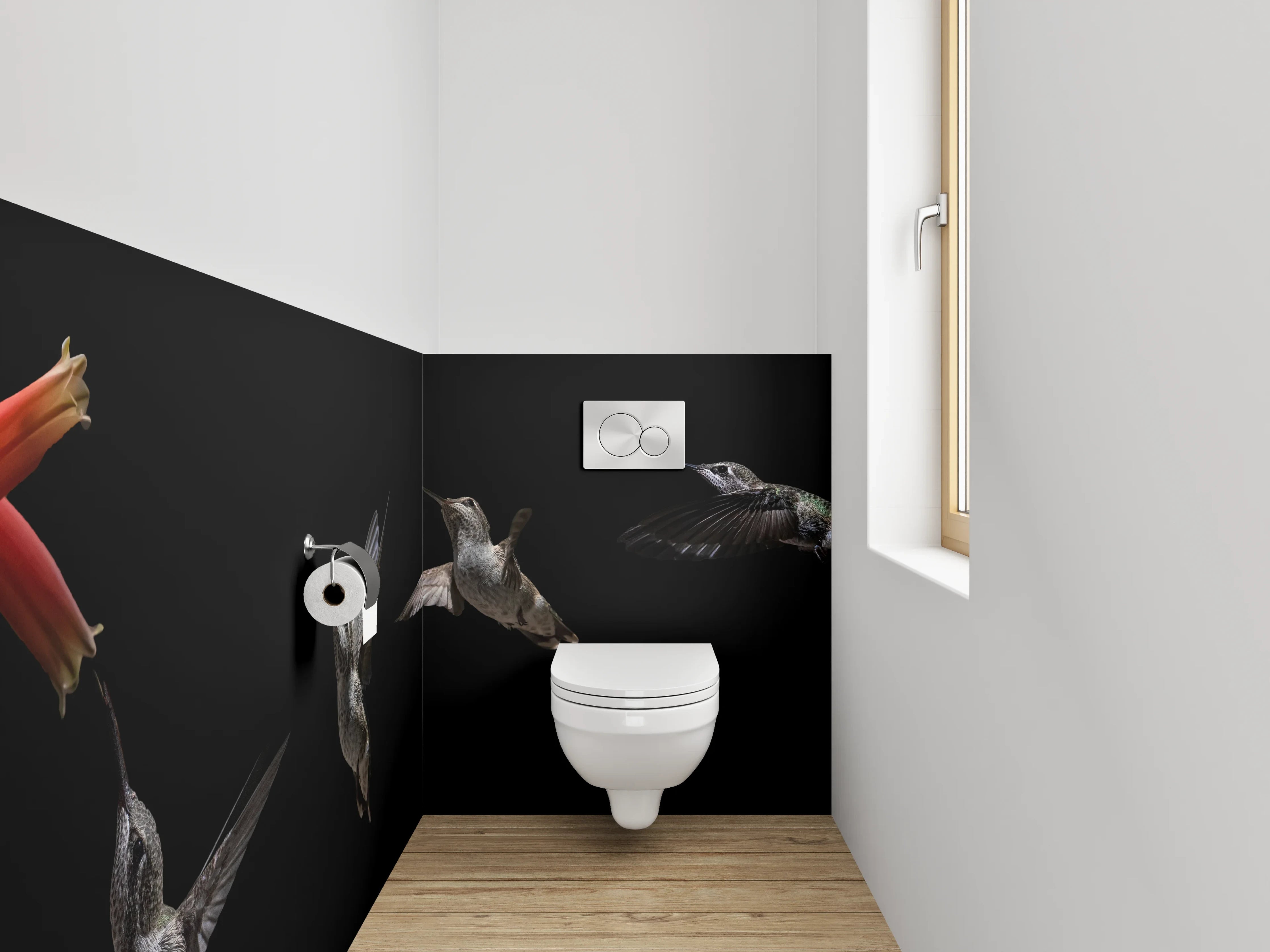 WC-Rückwand - Kolibri bei Blume auf Schwarz