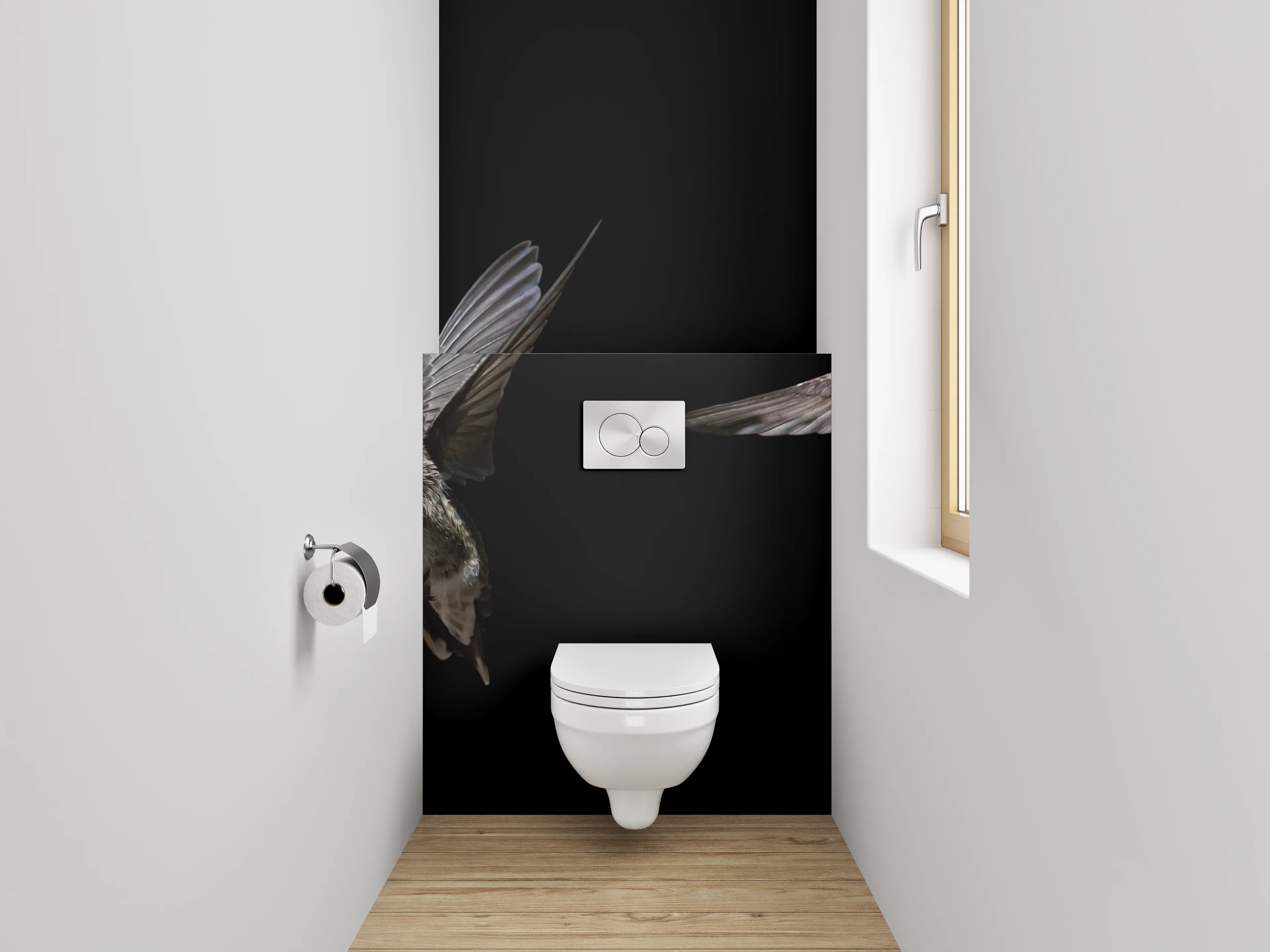 WC-Rückwand - Kolibri bei Blume auf Schwarz