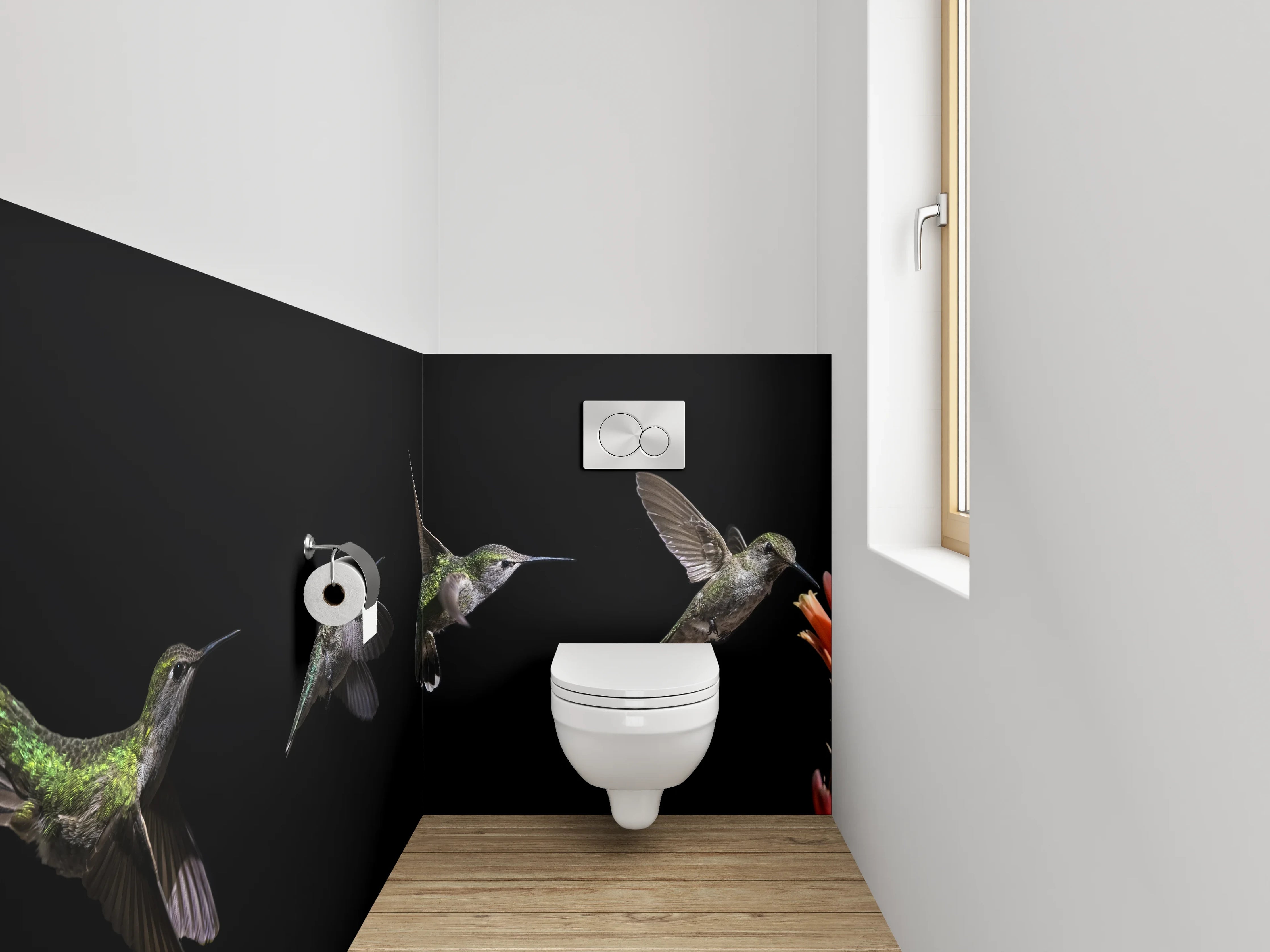 WC-Rückwand - Kolibri beim Naschen an Blüte