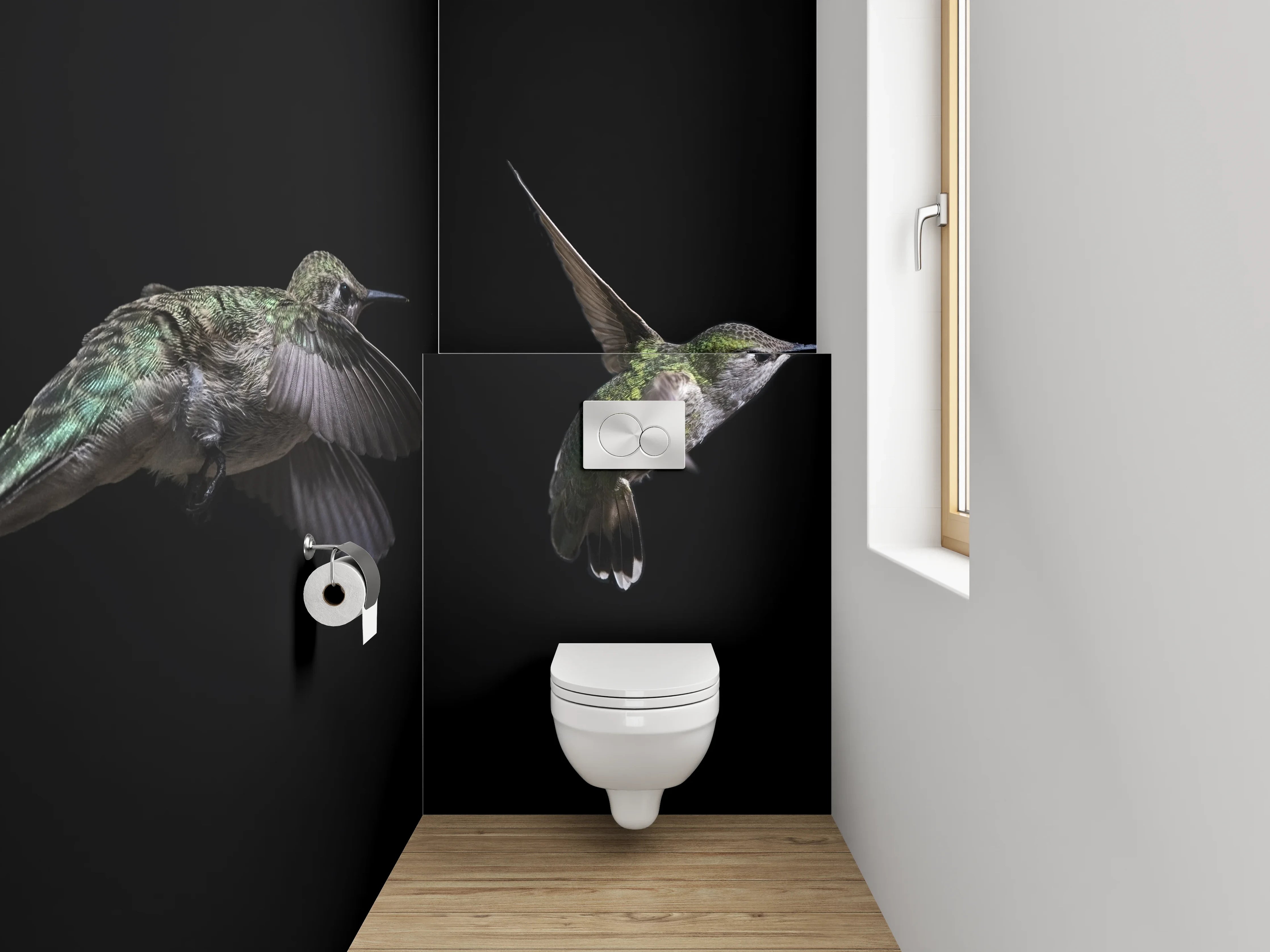 WC-Rückwand - Kolibri beim Naschen an Blüte
