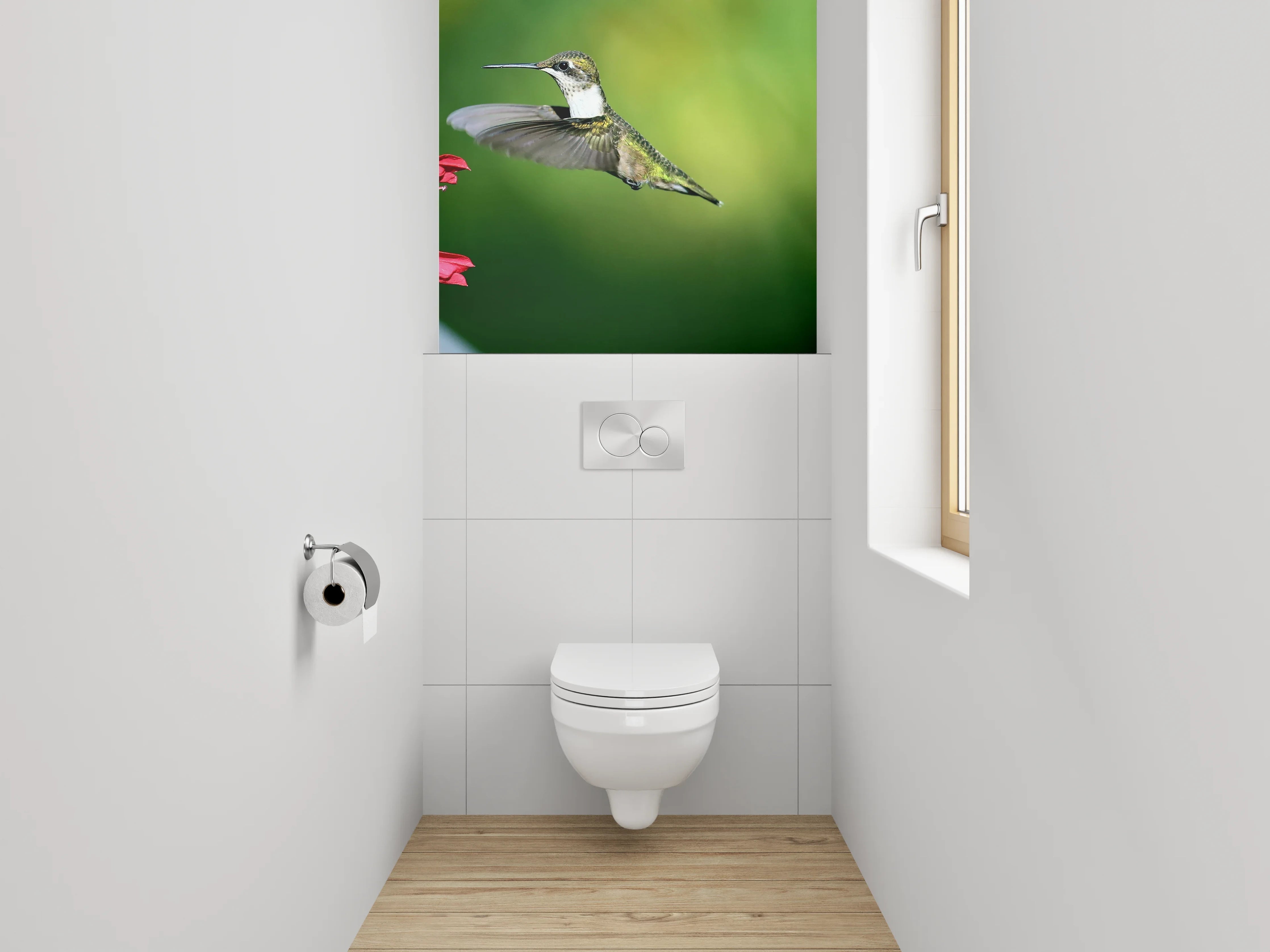 WC-Rückwand - Kolibri fliegend bei roten Blüten