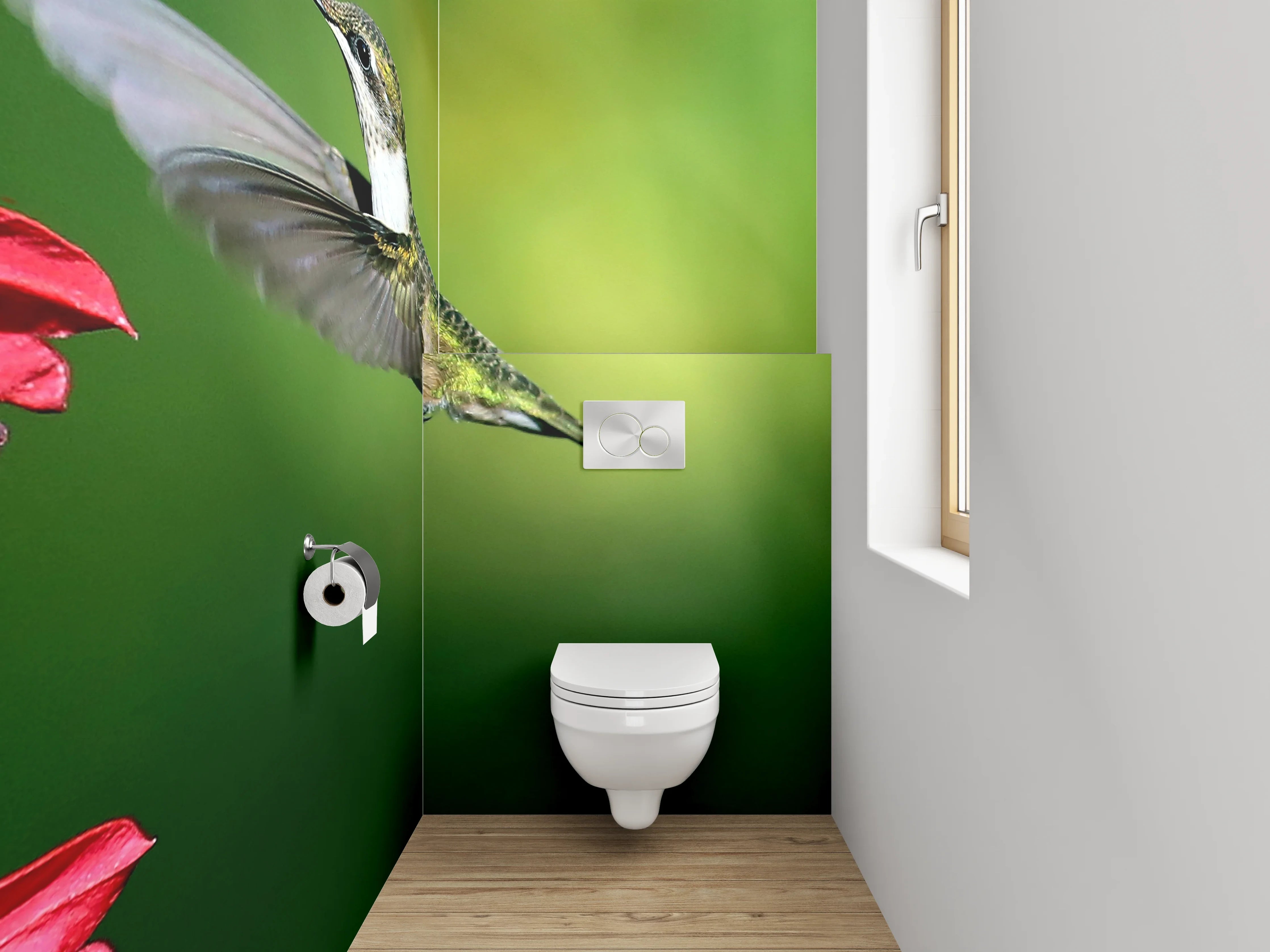 WC-Rückwand - Kolibri fliegend bei roten Blüten