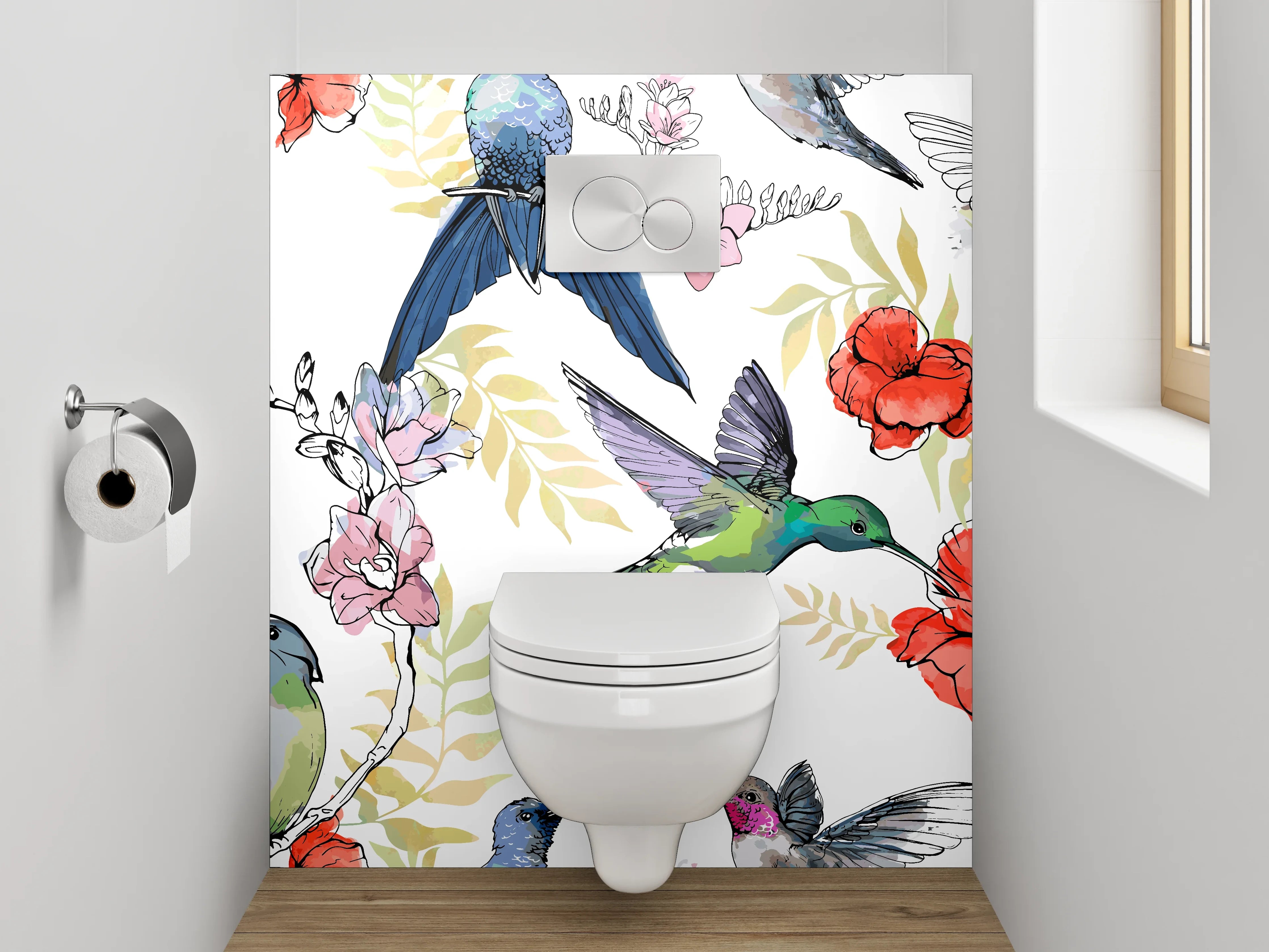 WC-Rückwand - Kolibri und Blüten Aquarell Muster