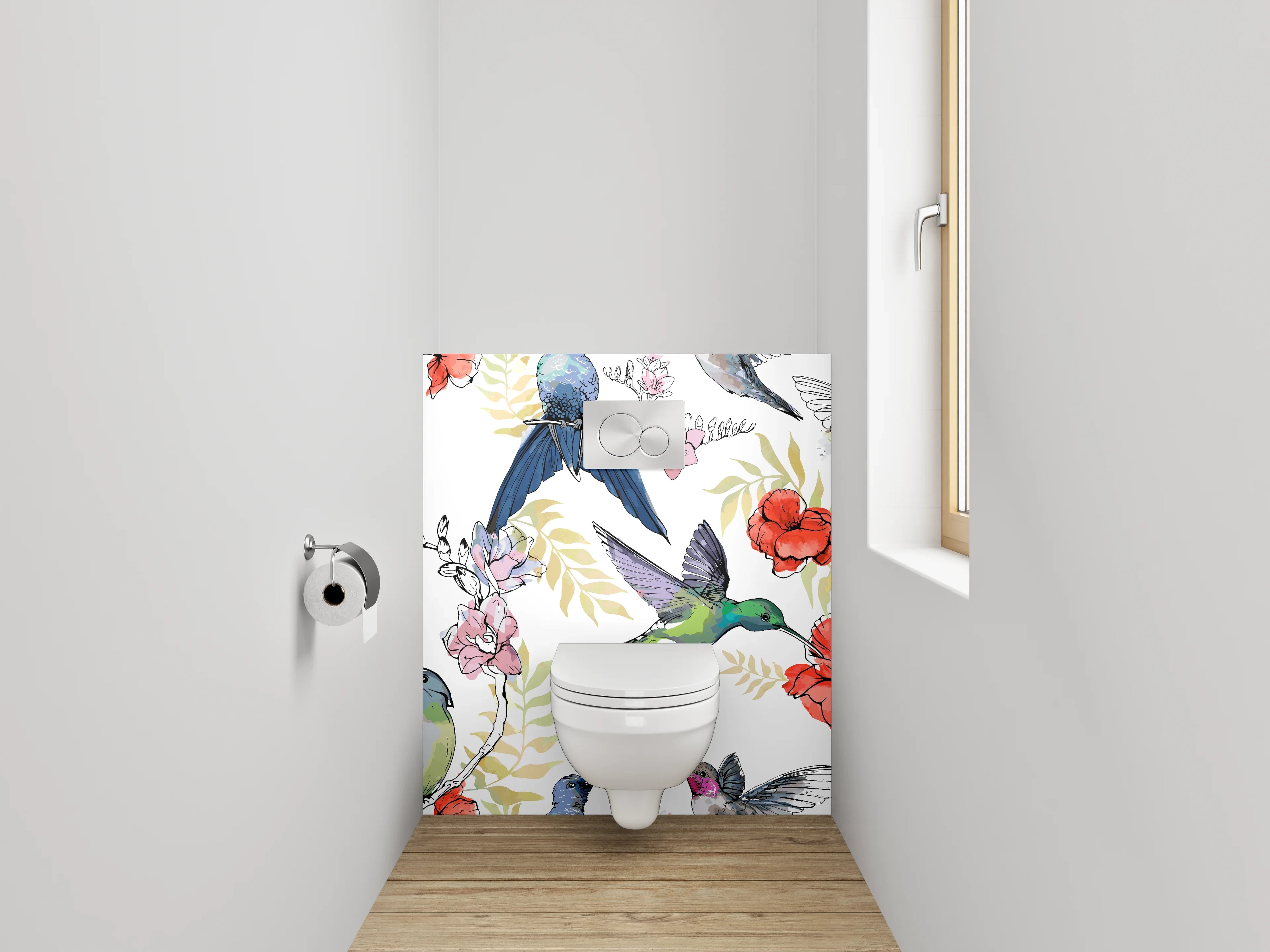 WC-Rückwand - Kolibri und Blüten Aquarell Muster