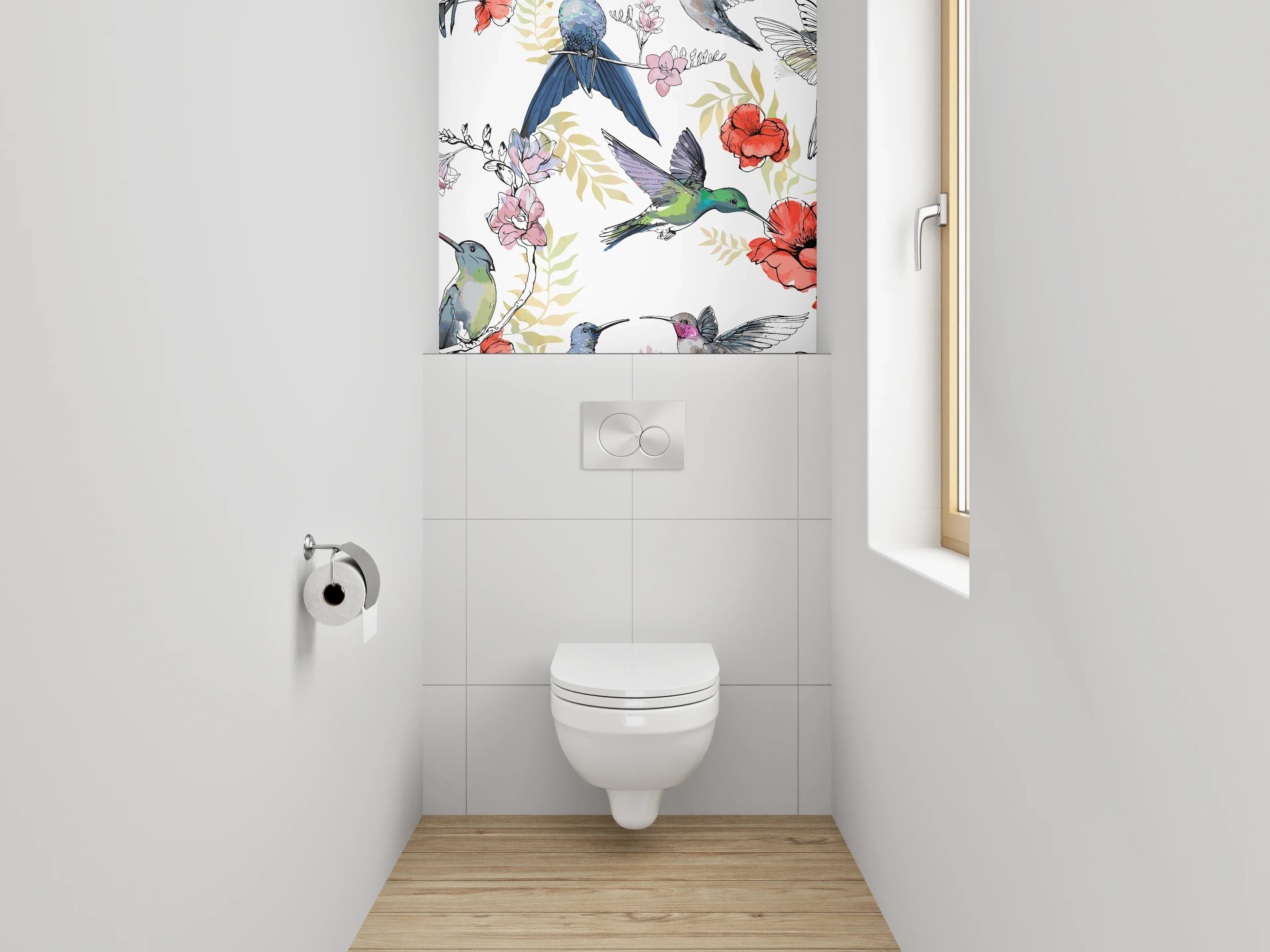 WC-Rückwand - Kolibri und Blüten Aquarell Muster