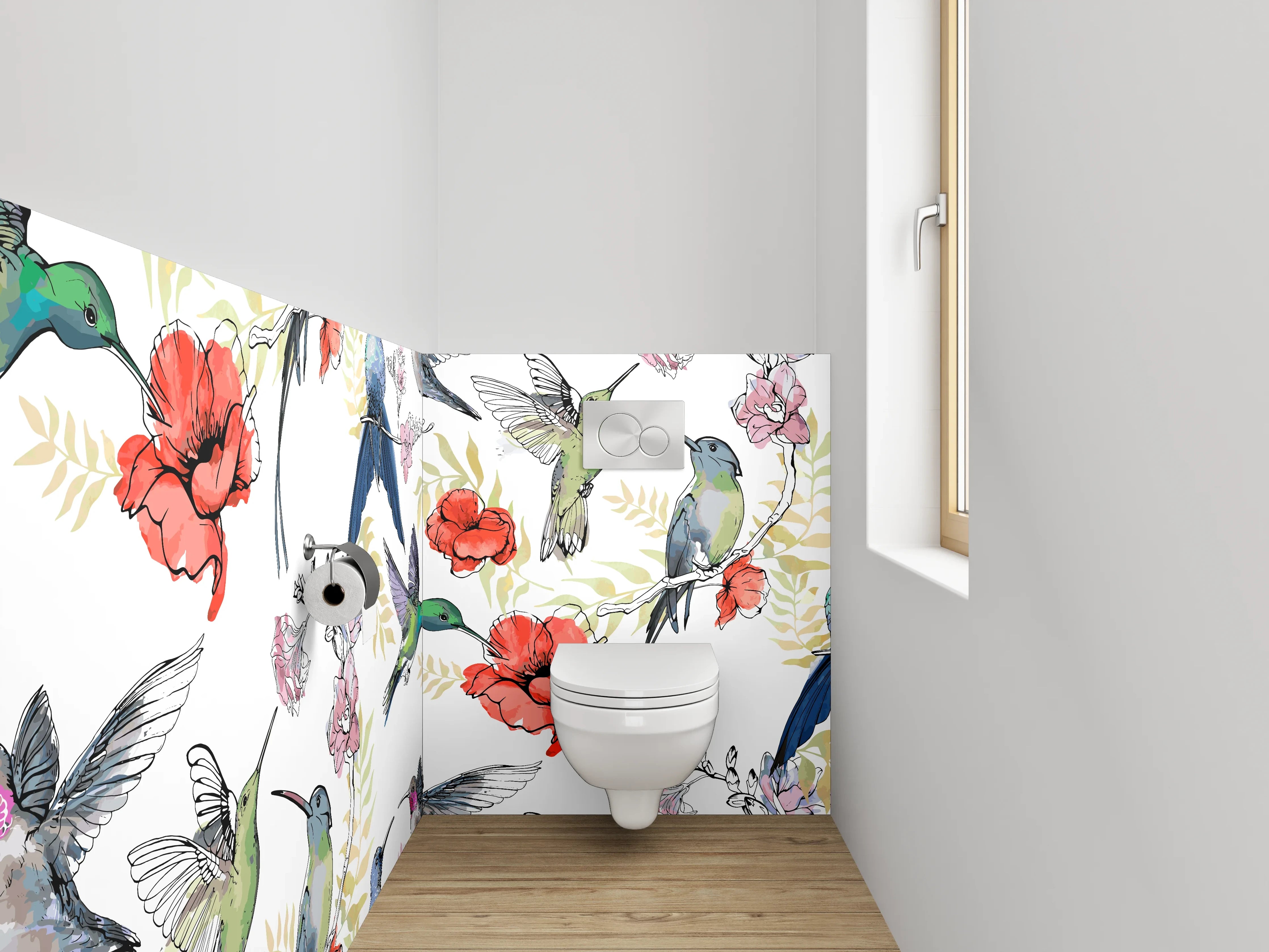 WC-Rückwand - Kolibri und Blüten Aquarell Muster