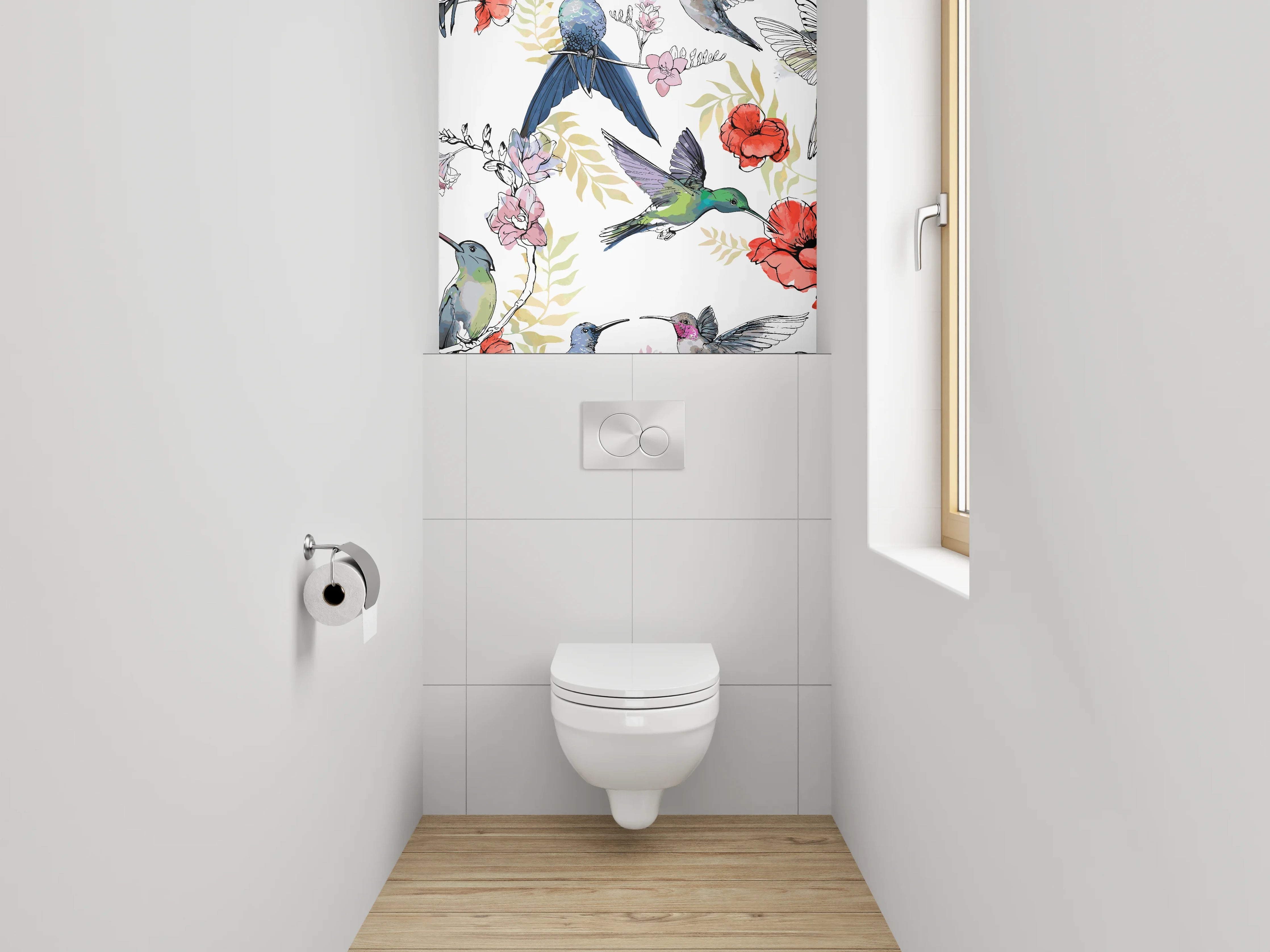 WC-Rückwand - Kolibri und Mohnblumen Aquarell Dekor