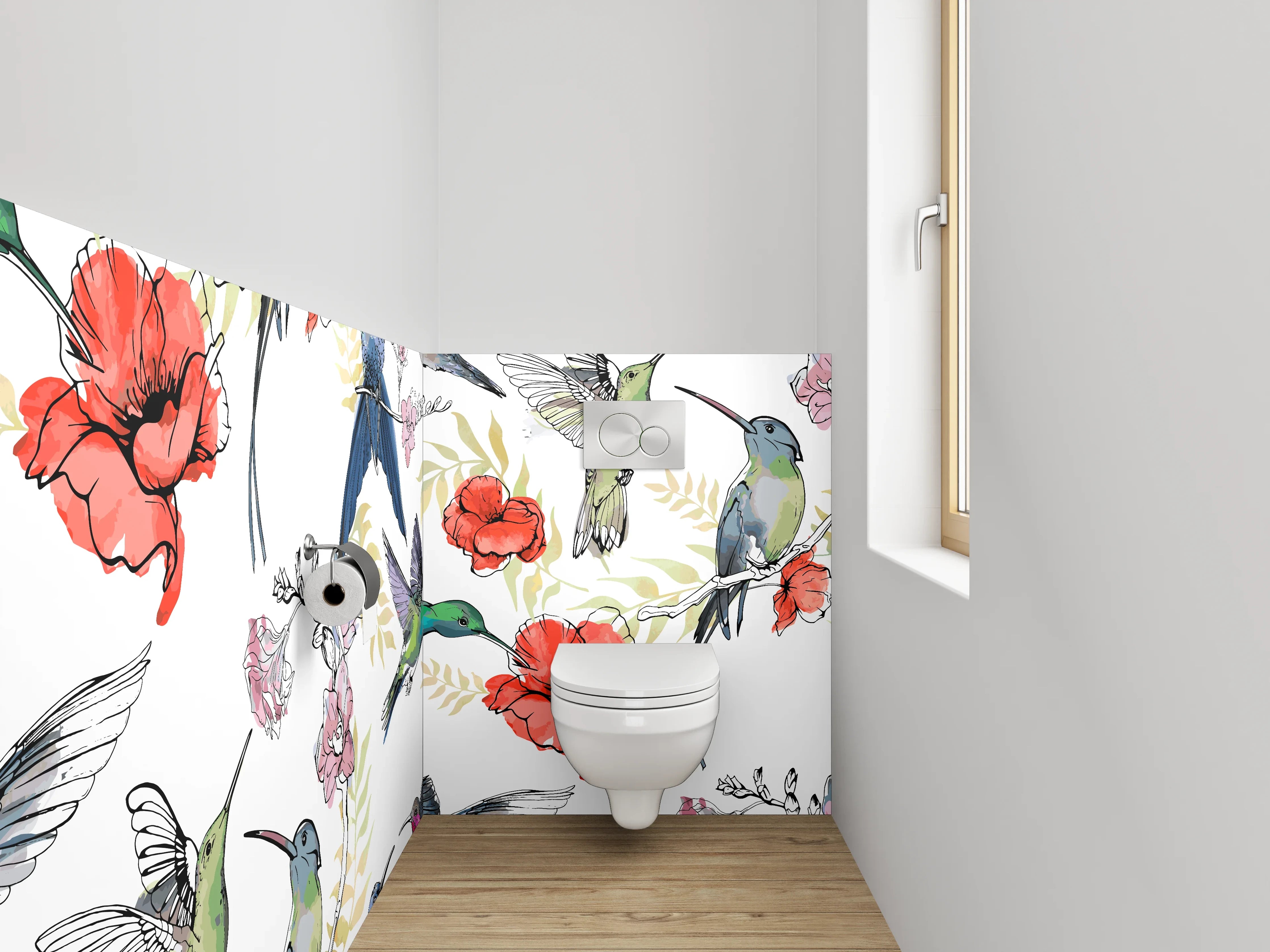 WC-Rückwand - Kolibri und Mohnblumen Aquarell Dekor