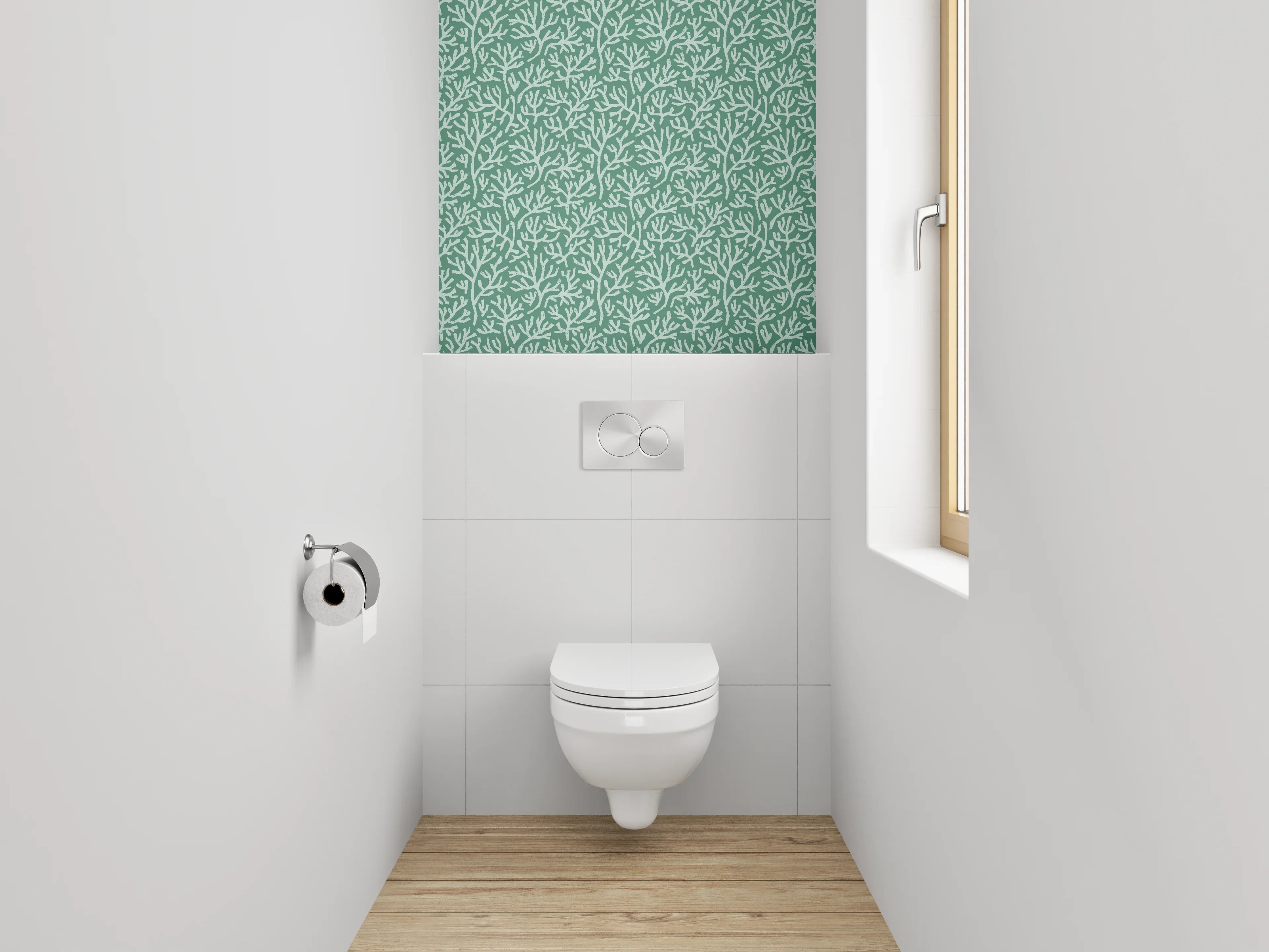 WC-Rückwand - Korallenmuster Grün Weiß Badezimmer Design
