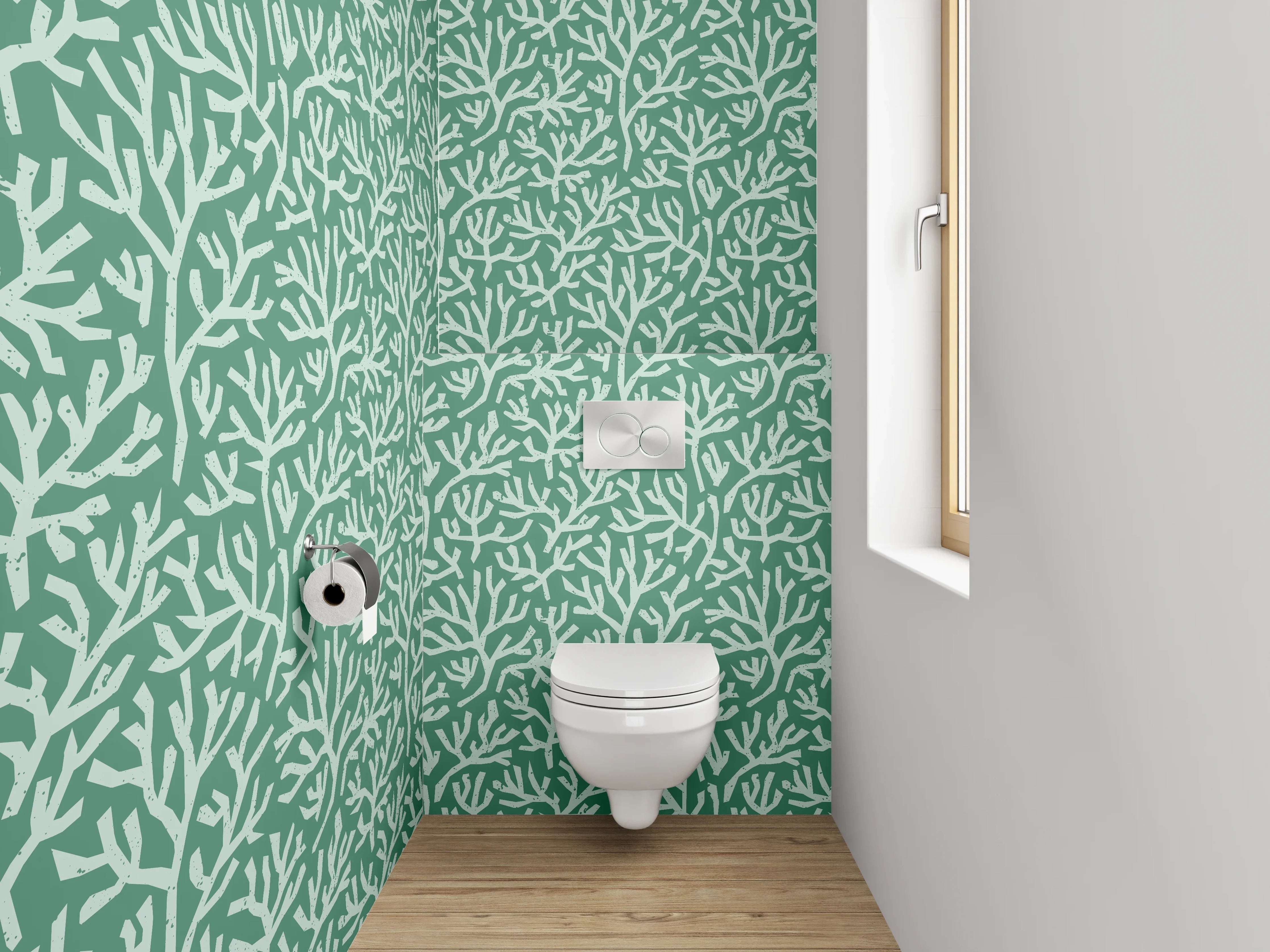 WC-Rückwand - Korallenmuster Grün Weiß Badezimmer Design