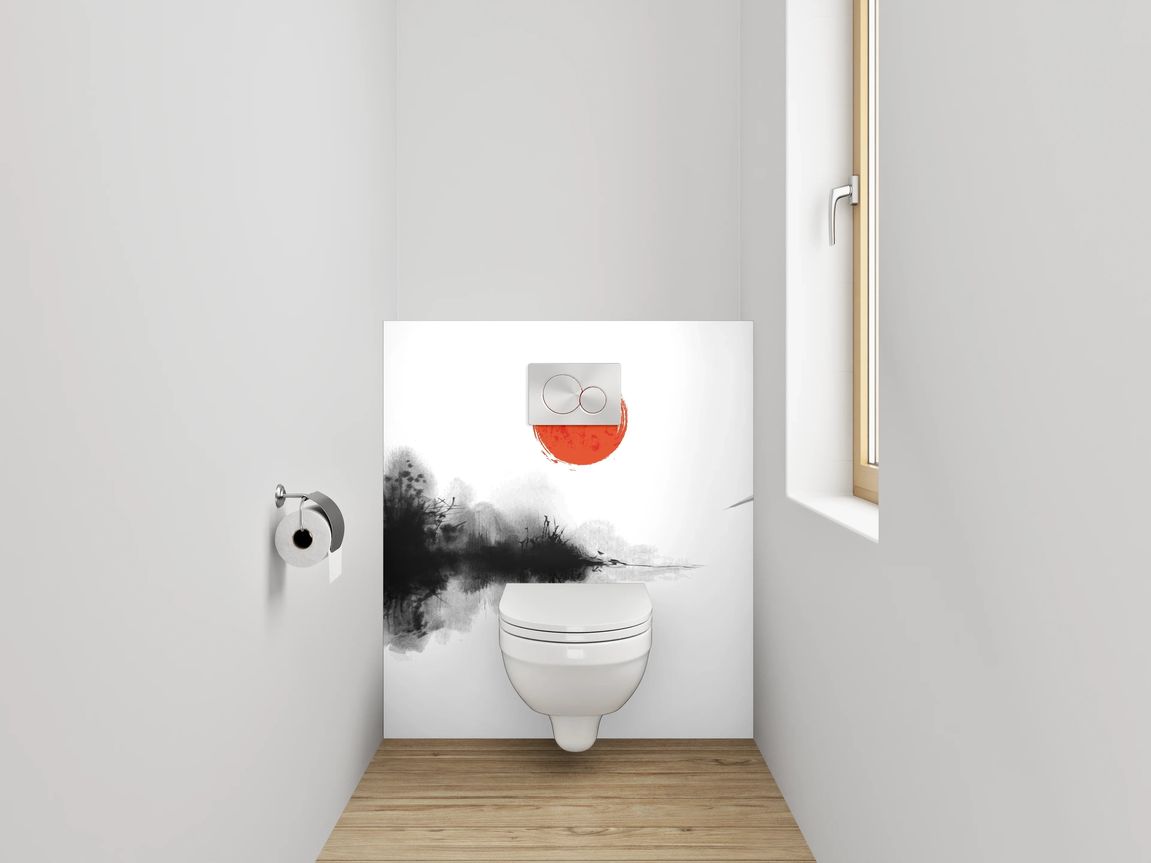 WC-Rückwand - Kranich Aquarell mit roter Sonne