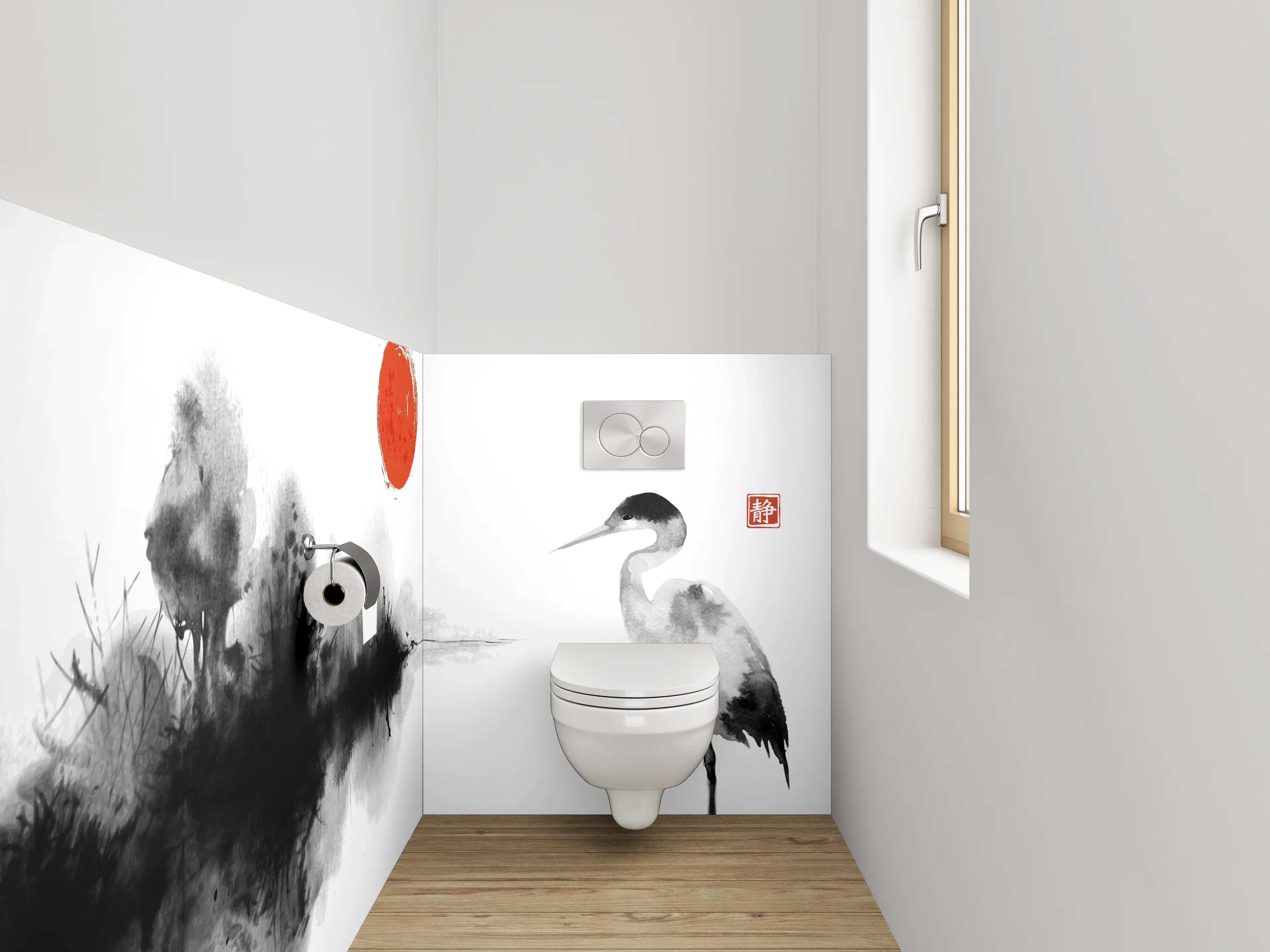 WC-Rückwand - Kranich Aquarell mit roter Sonne