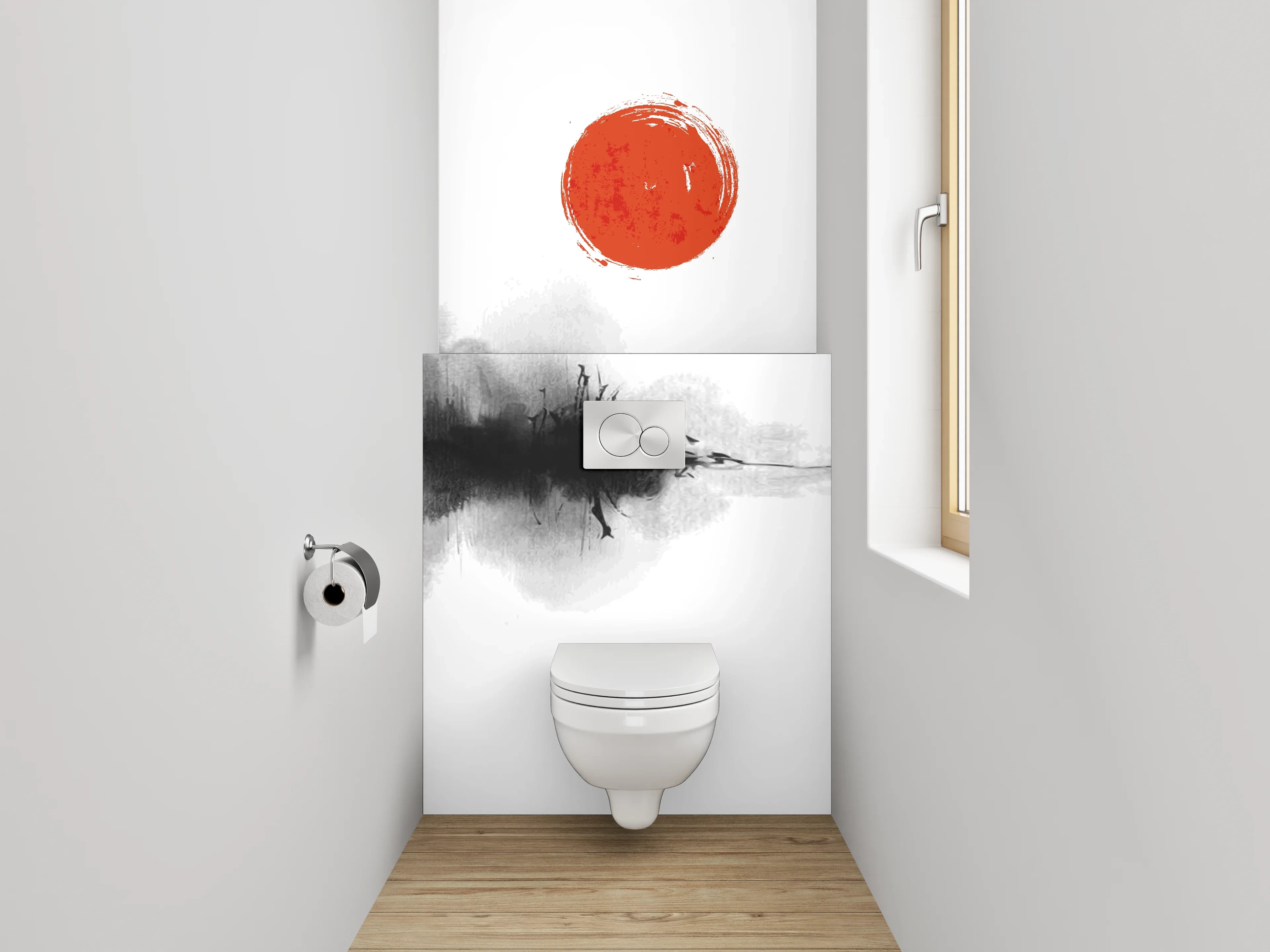 WC-Rückwand - Kranich Aquarell mit roter Sonne