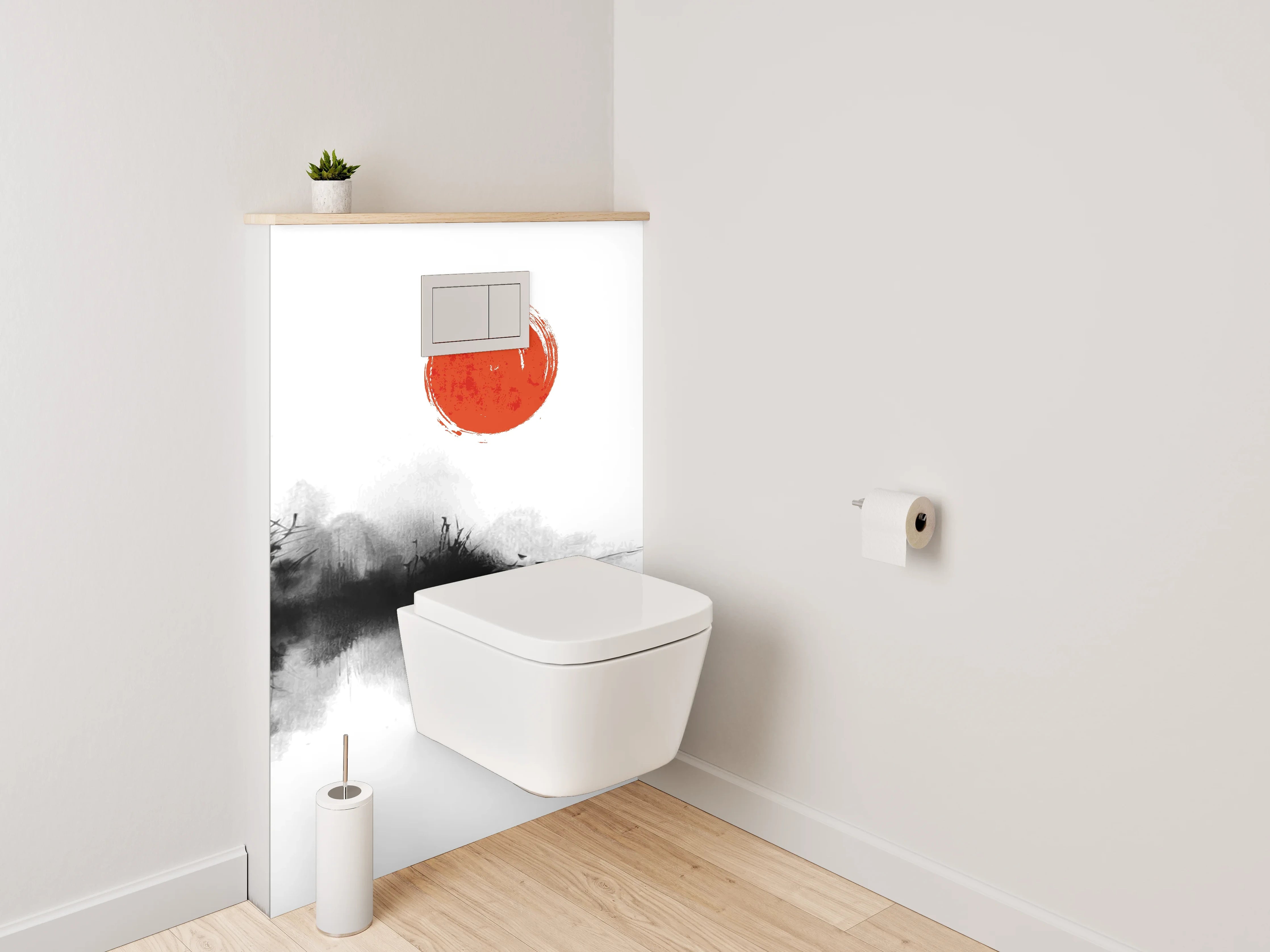 WC-Rückwand - Kranich Aquarell mit roter Sonne