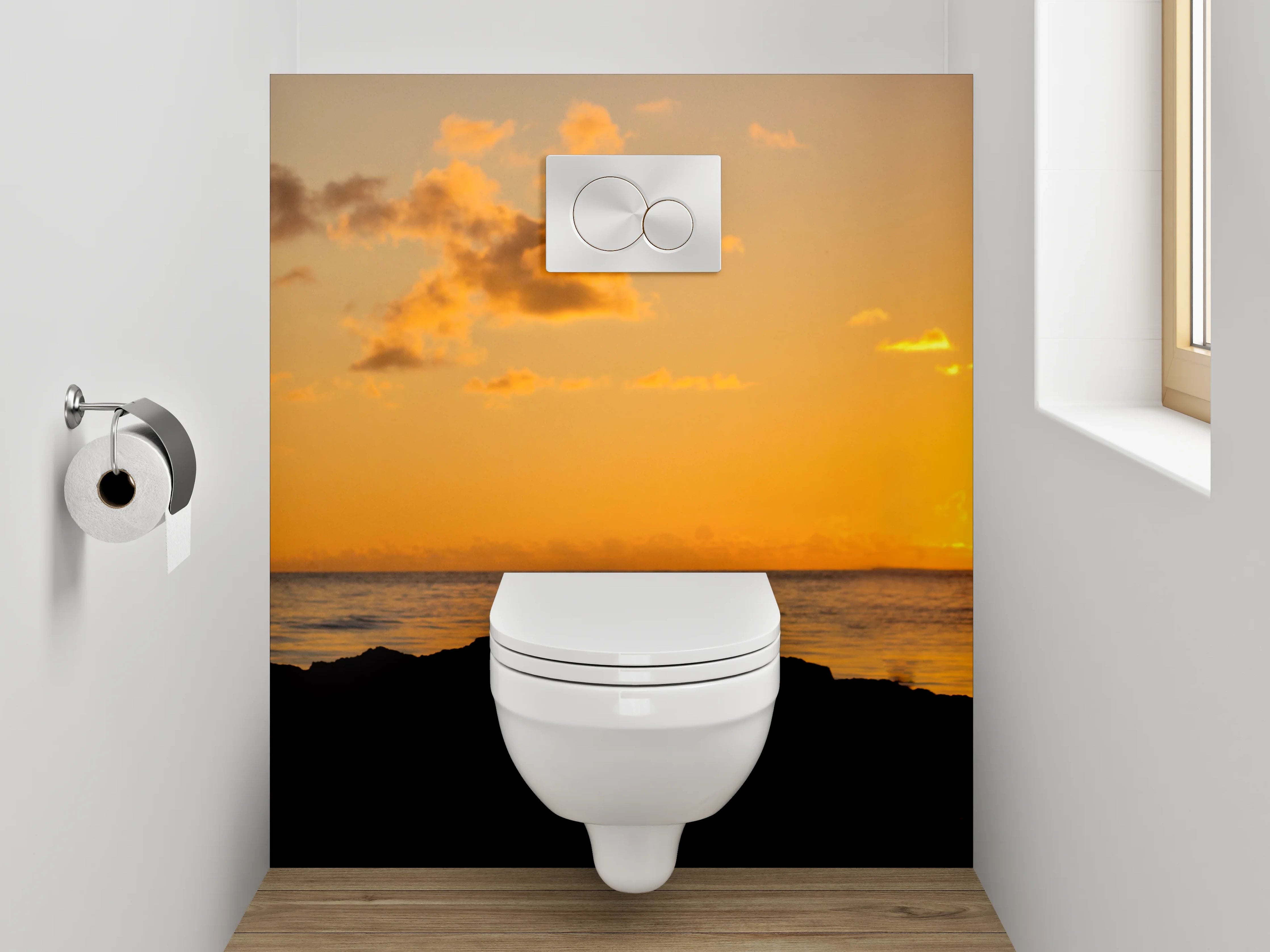 WC-Rückwand - Kranich bei Sonnenuntergang am Meer