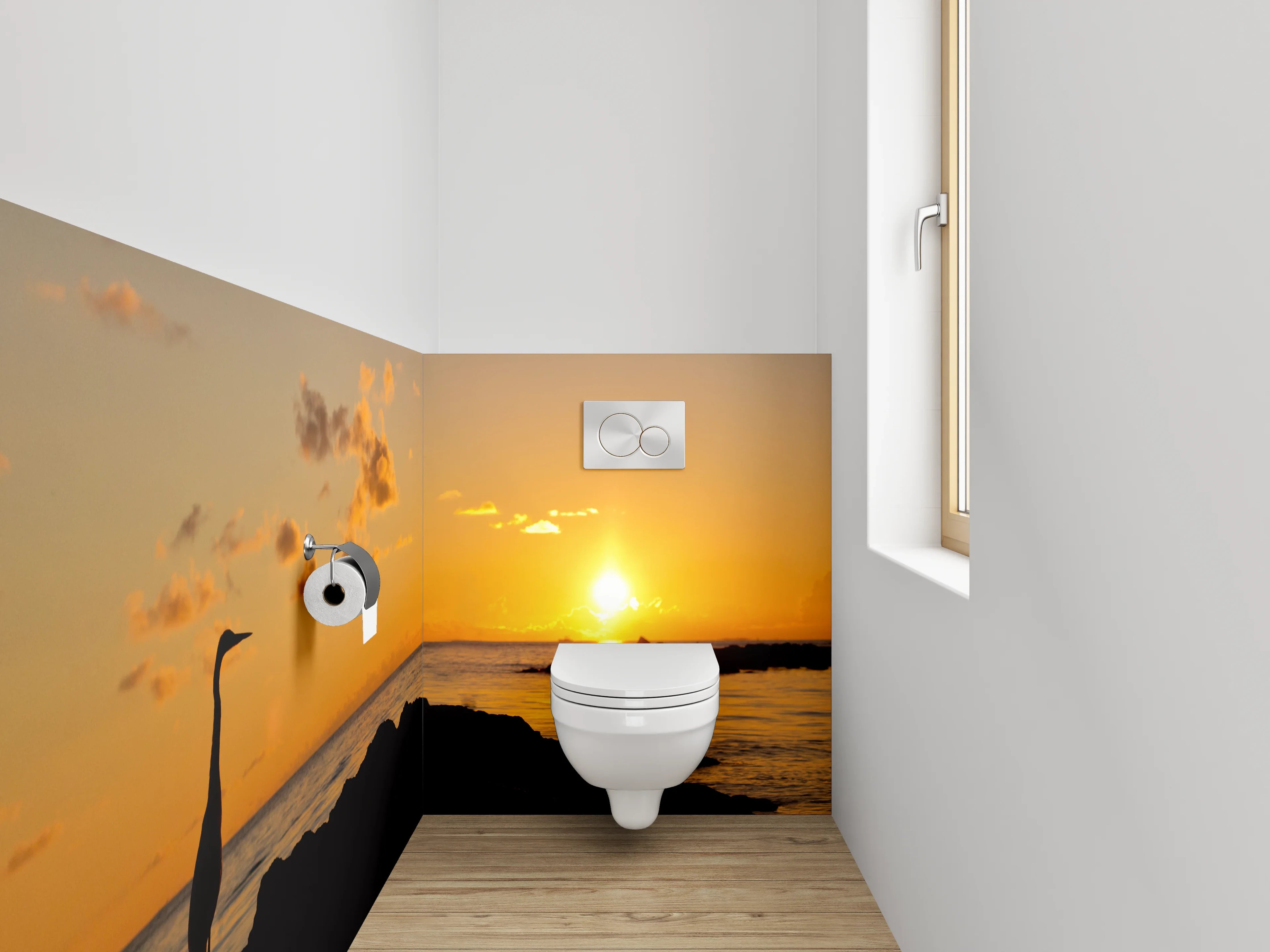 WC-Rückwand - Kranich bei Sonnenuntergang am Meer