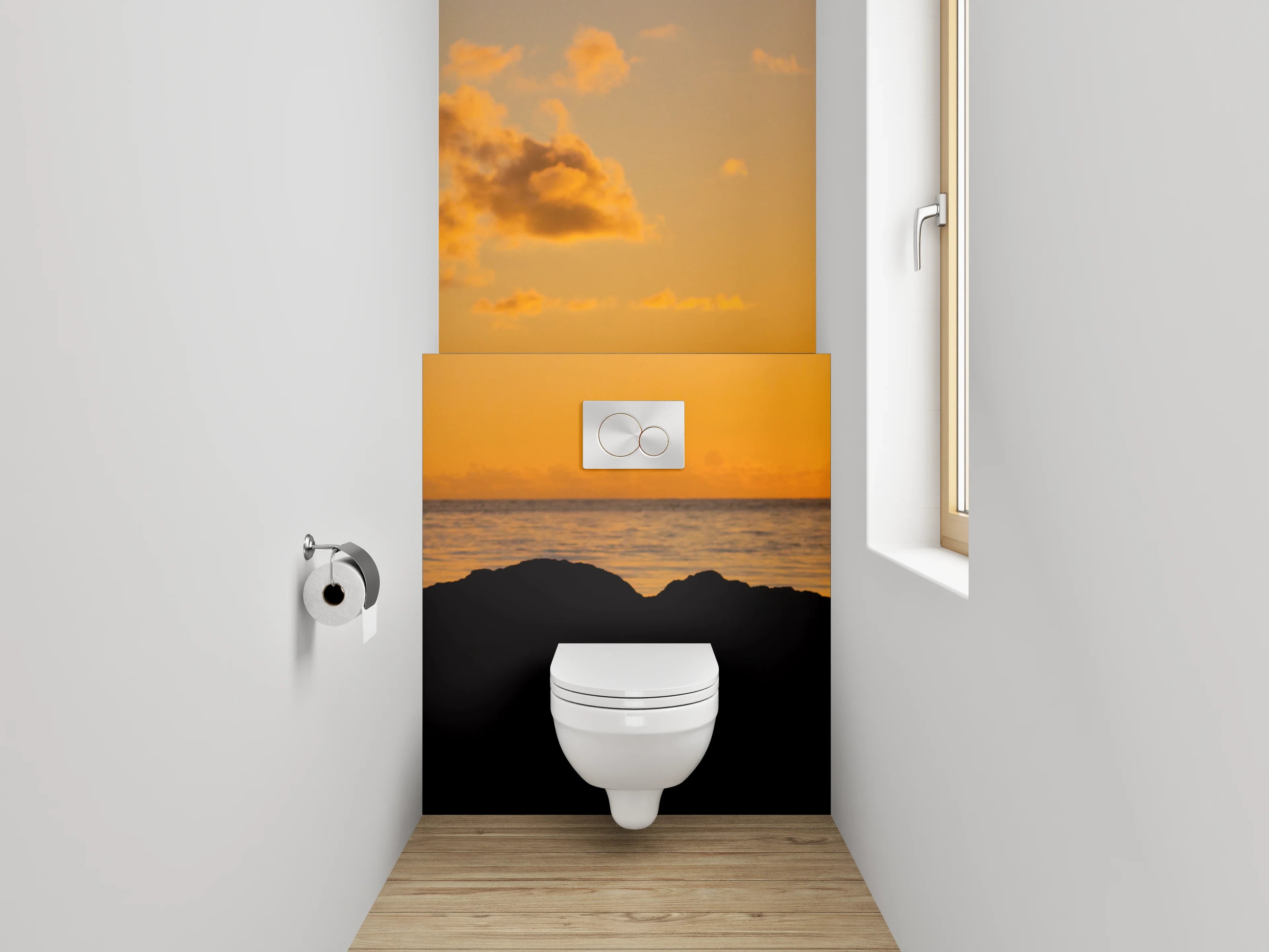 WC-Rückwand - Kranich bei Sonnenuntergang am Meer