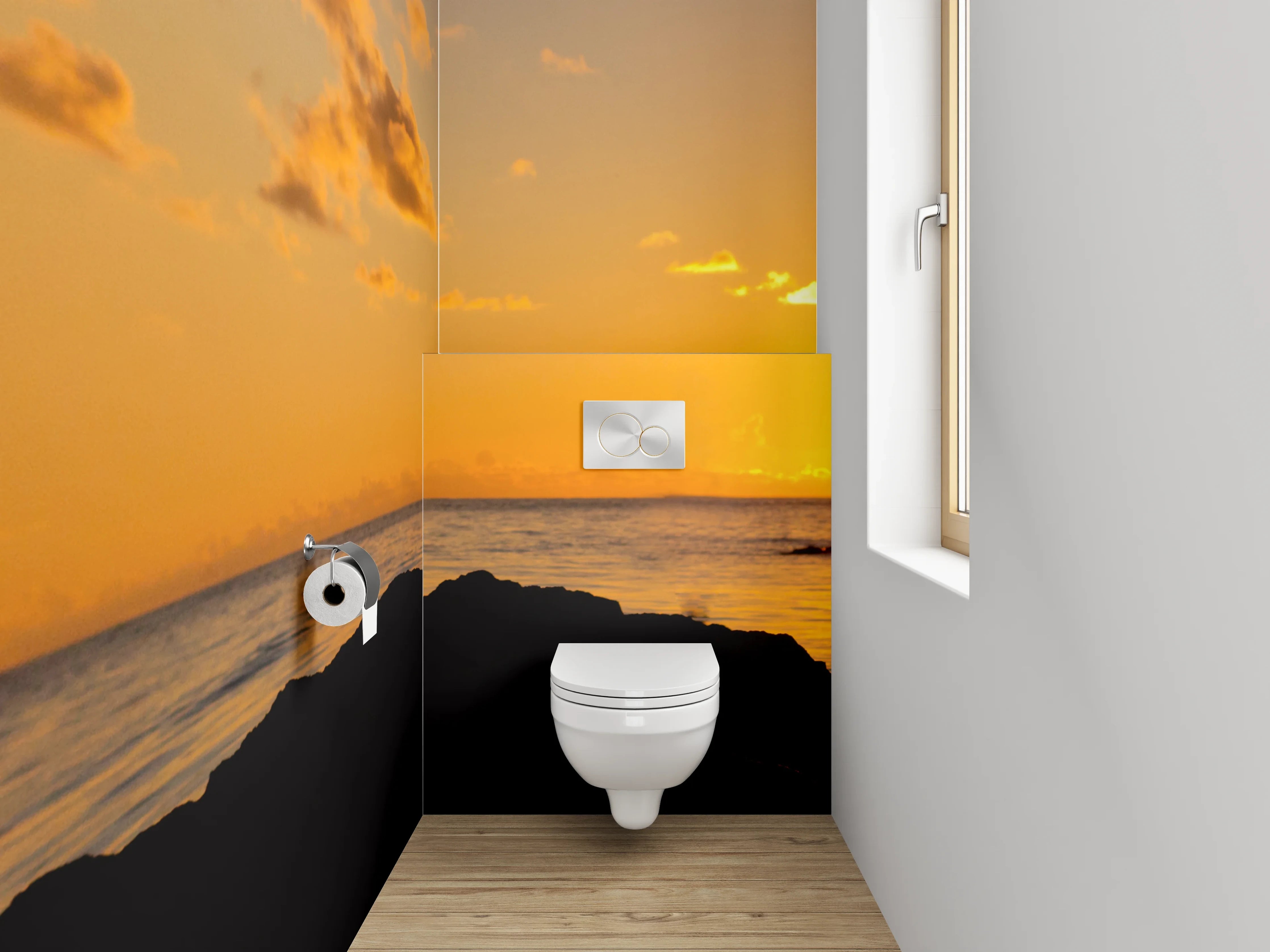 WC-Rückwand - Kranich bei Sonnenuntergang am Meer