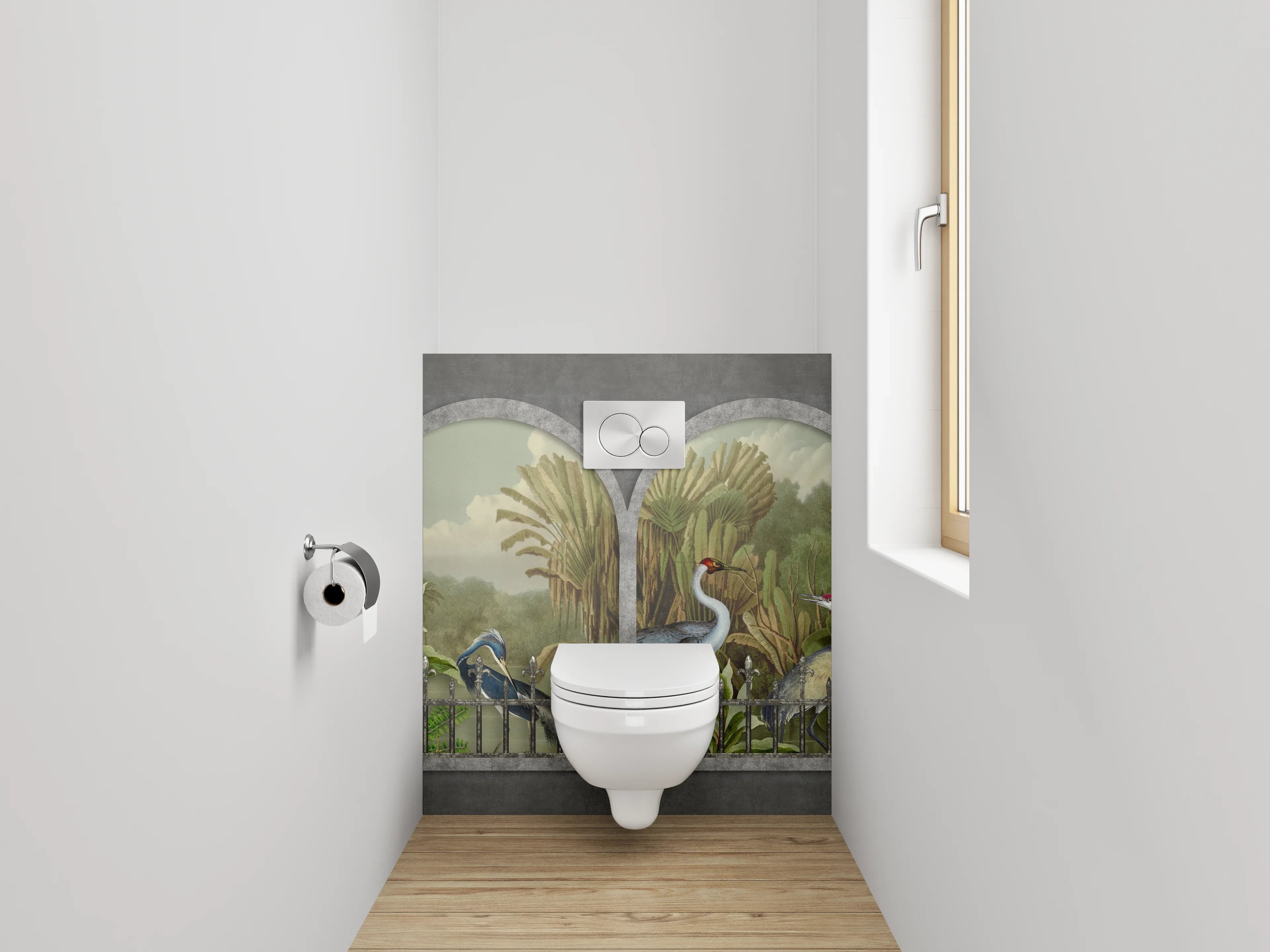 WC-Rückwand - Kraniche am Fenster – Dschungelidylle