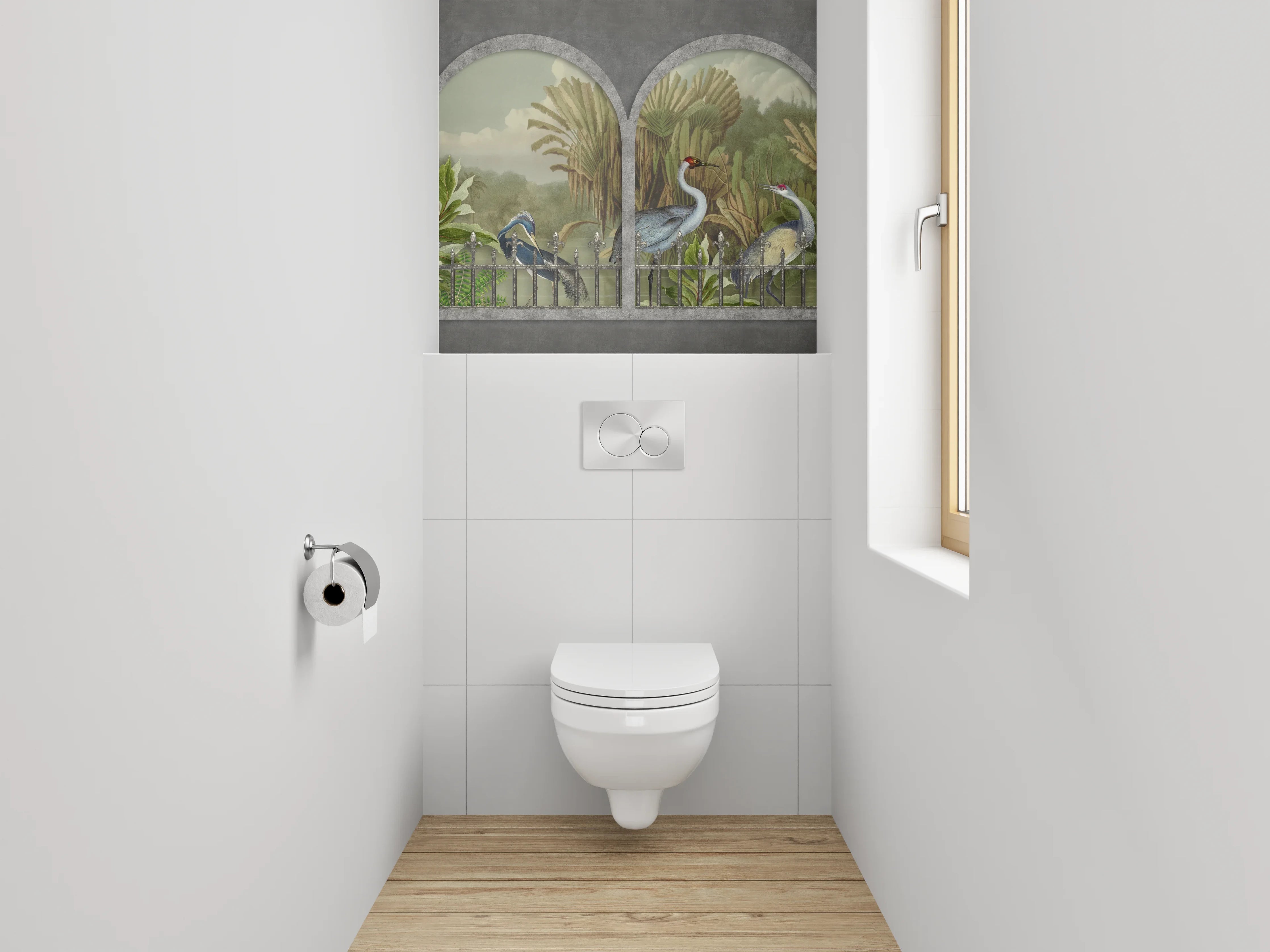 WC-Rückwand - Kraniche am Fenster – Dschungelidylle