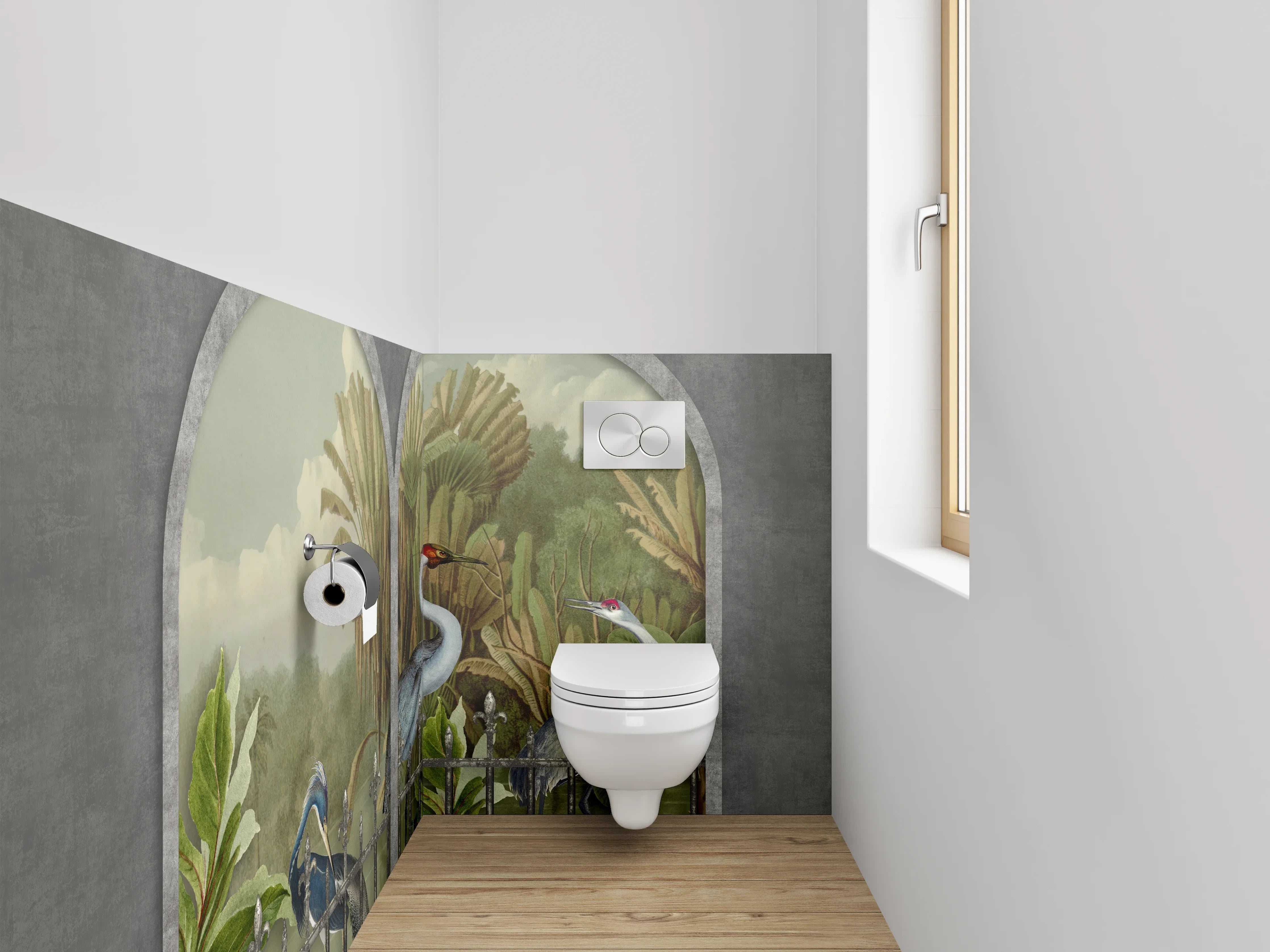 WC-Rückwand - Kraniche am Fenster – Dschungelidylle