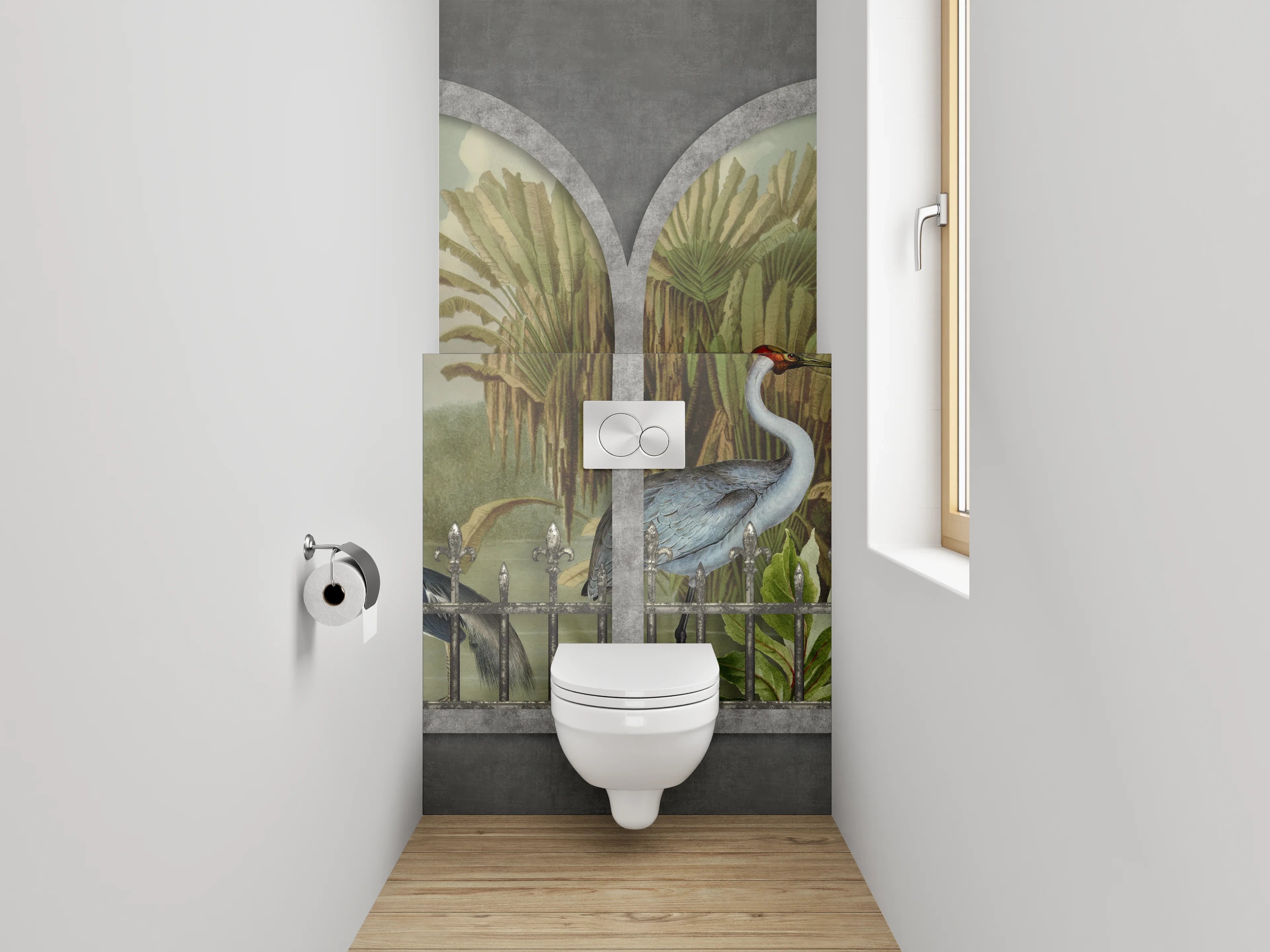 WC-Rückwand - Kraniche am Fenster – Dschungelidylle