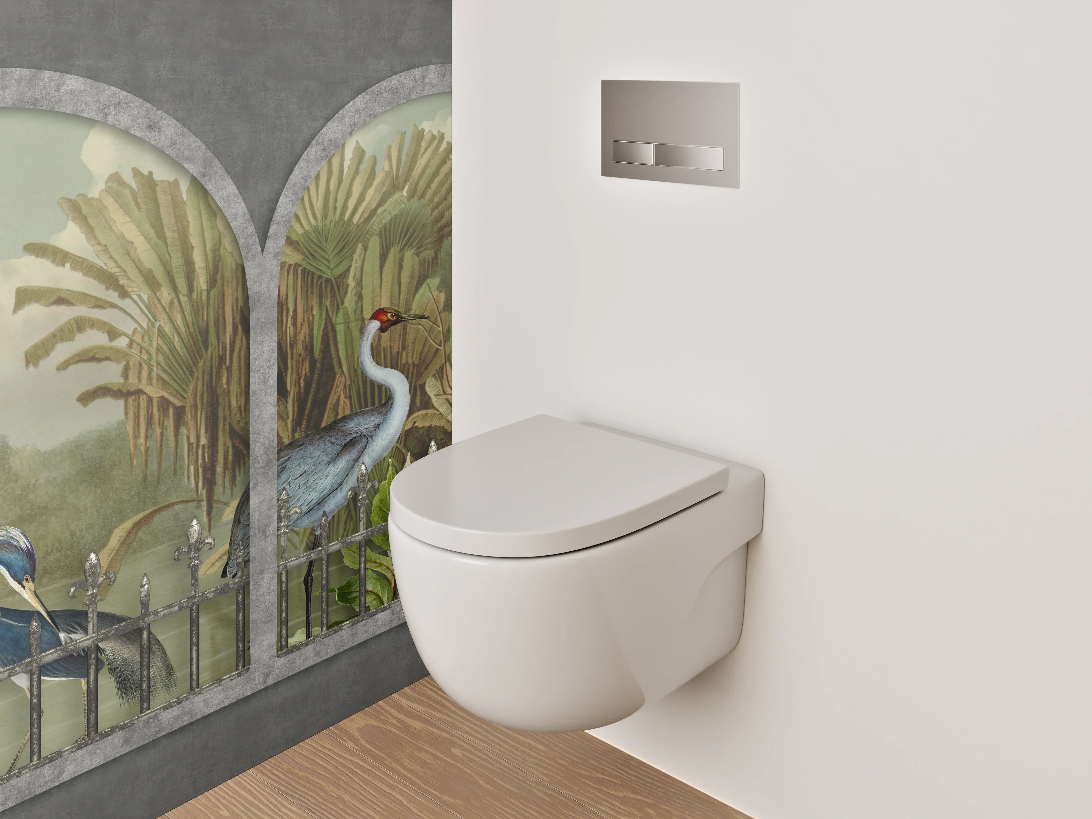 WC-Rückwand - Kraniche am Fenster – Dschungelidylle
