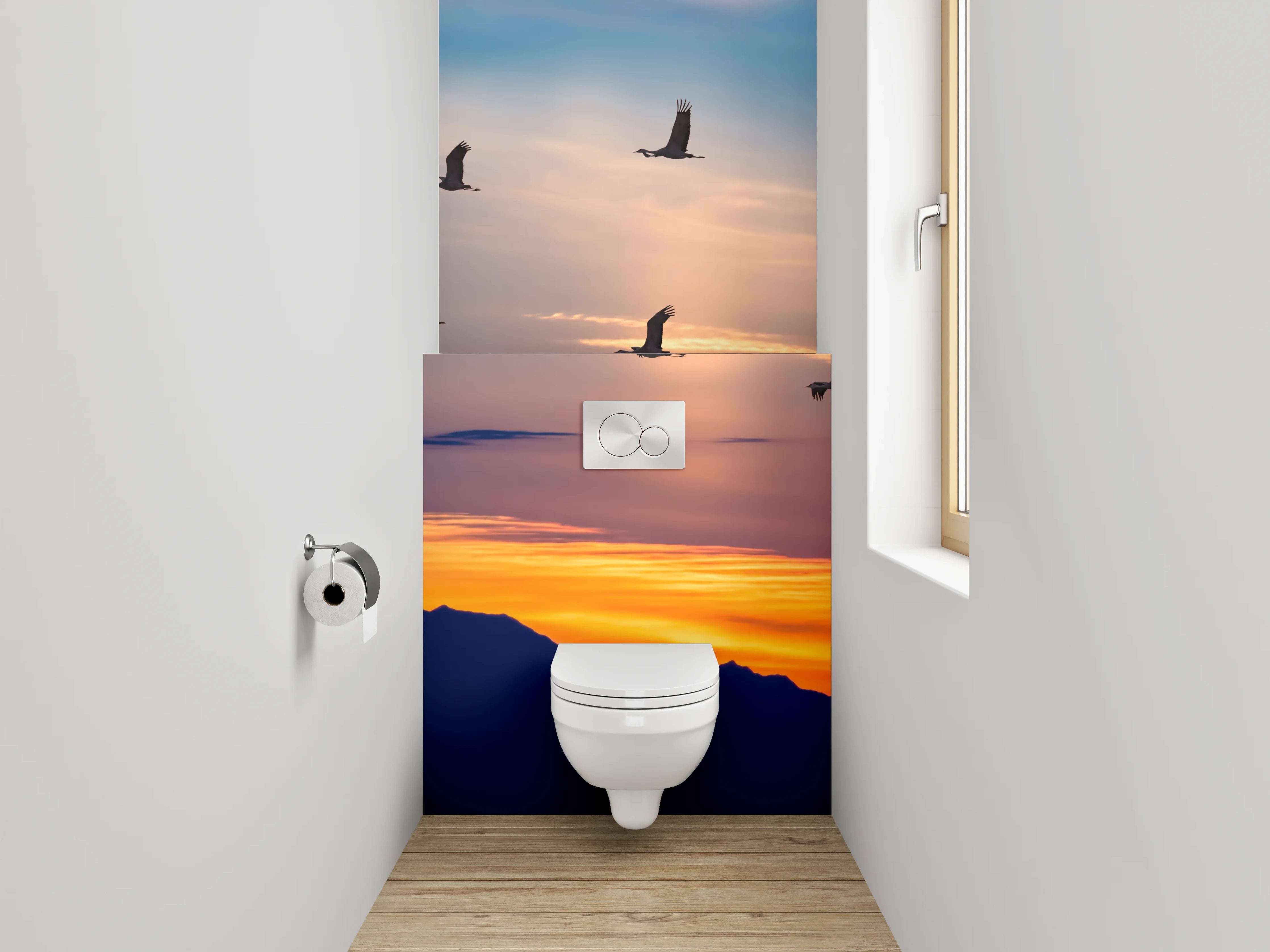 WC-Rückwand - Kraniche im Sonnenuntergang – Panorama