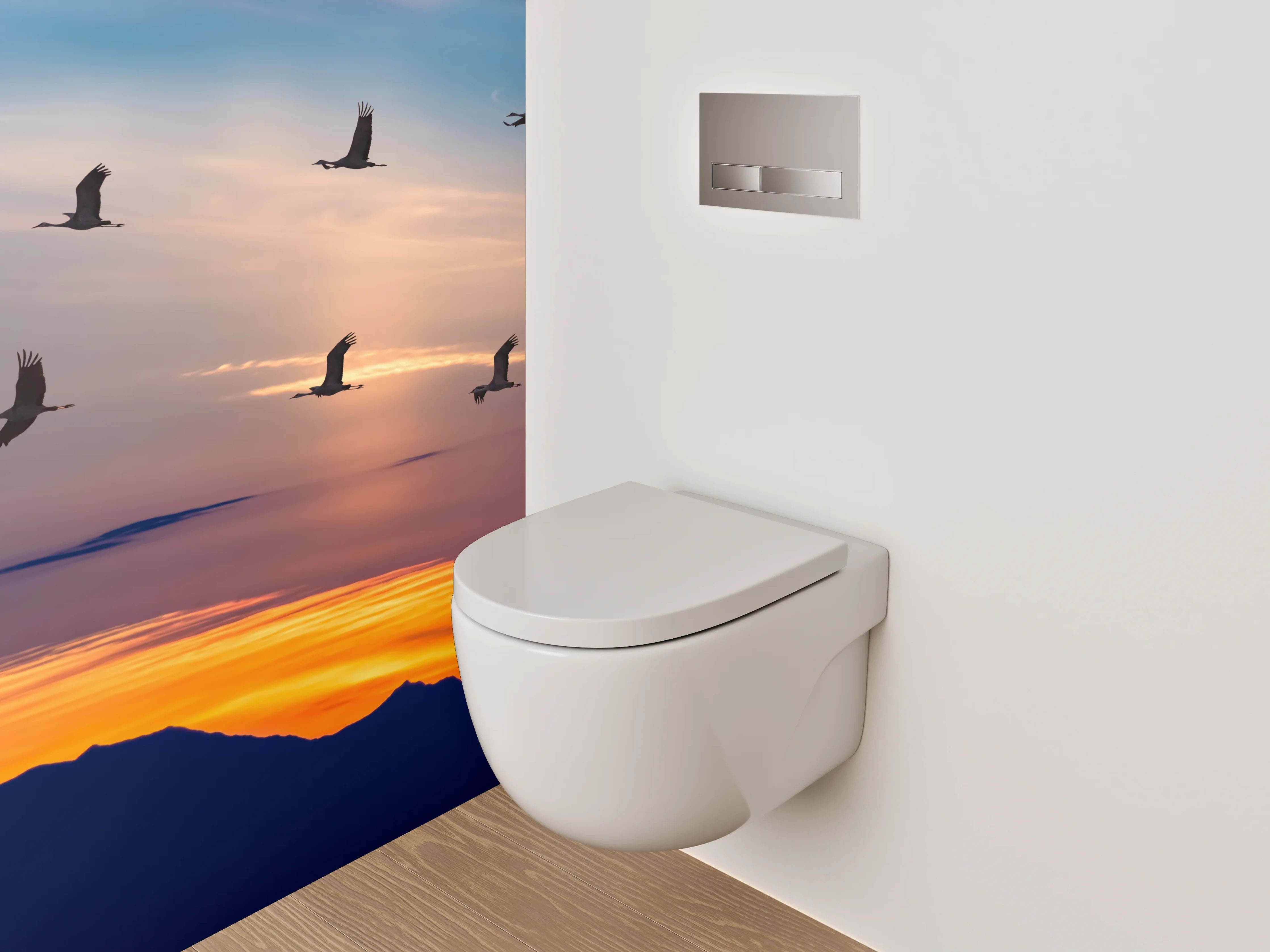 WC-Rückwand - Kraniche im Sonnenuntergang – Panorama