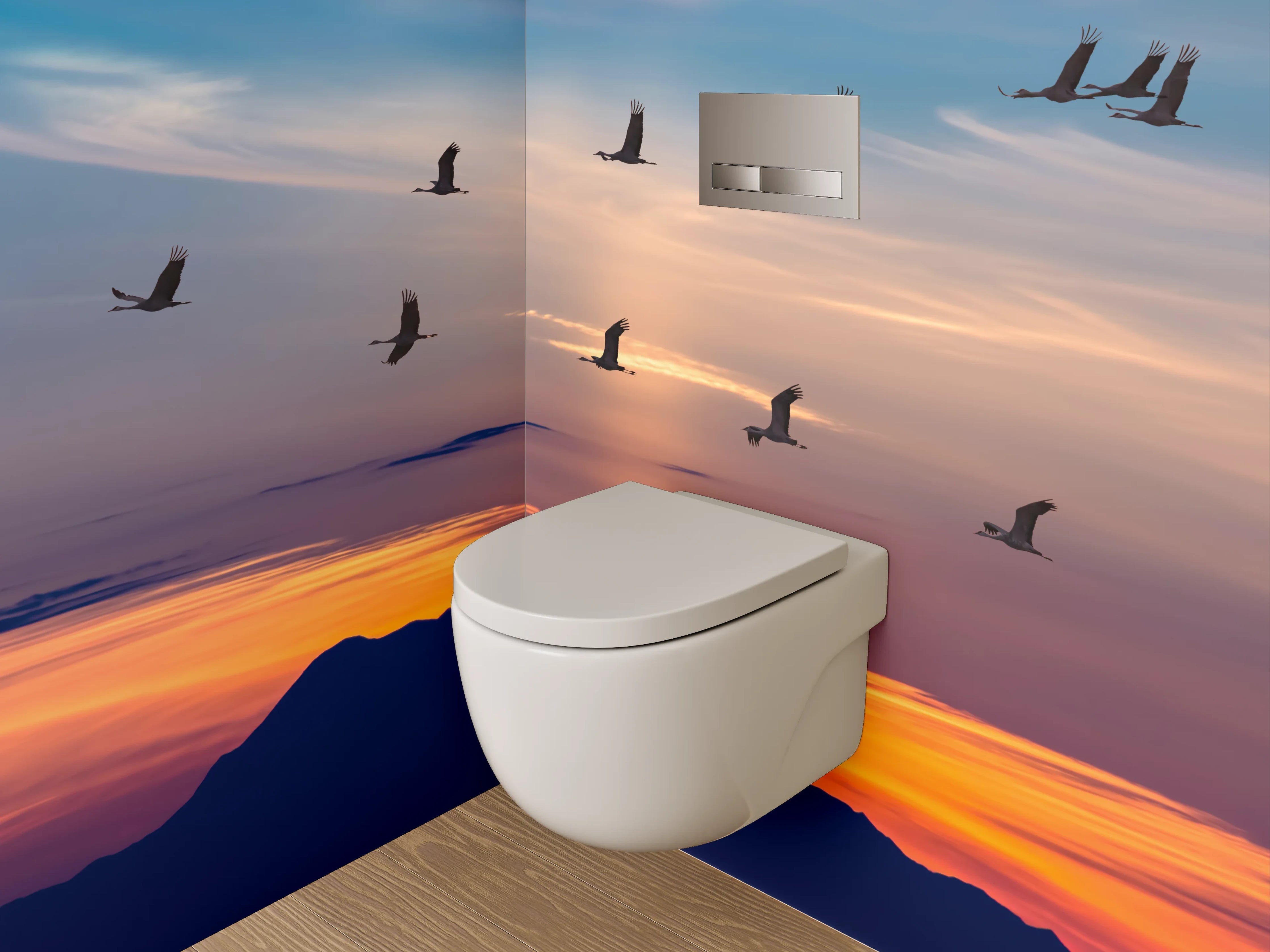 WC-Rückwand - Kraniche im Sonnenuntergang – Panorama