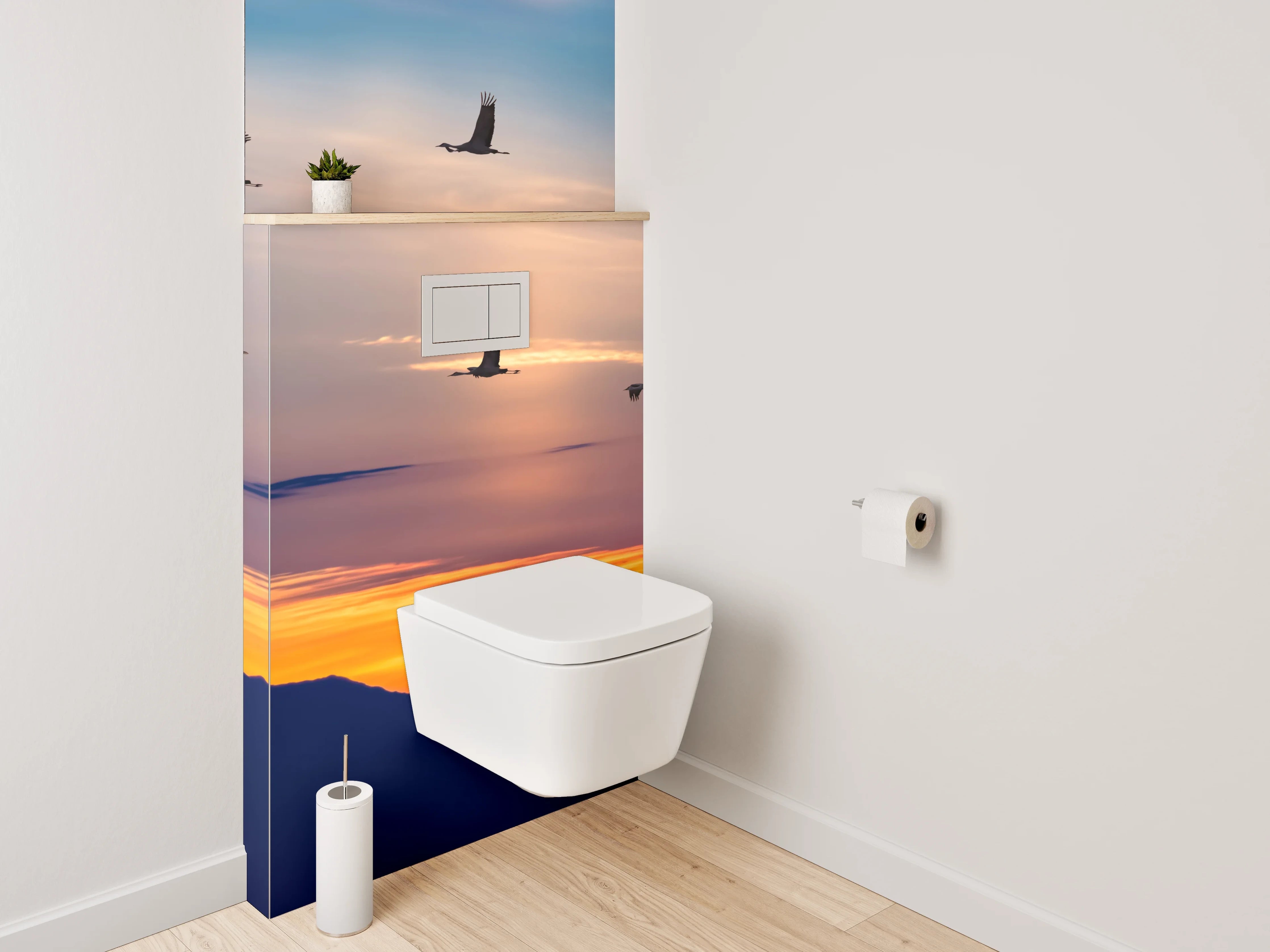 WC-Rückwand - Kraniche im Sonnenuntergang – Panorama