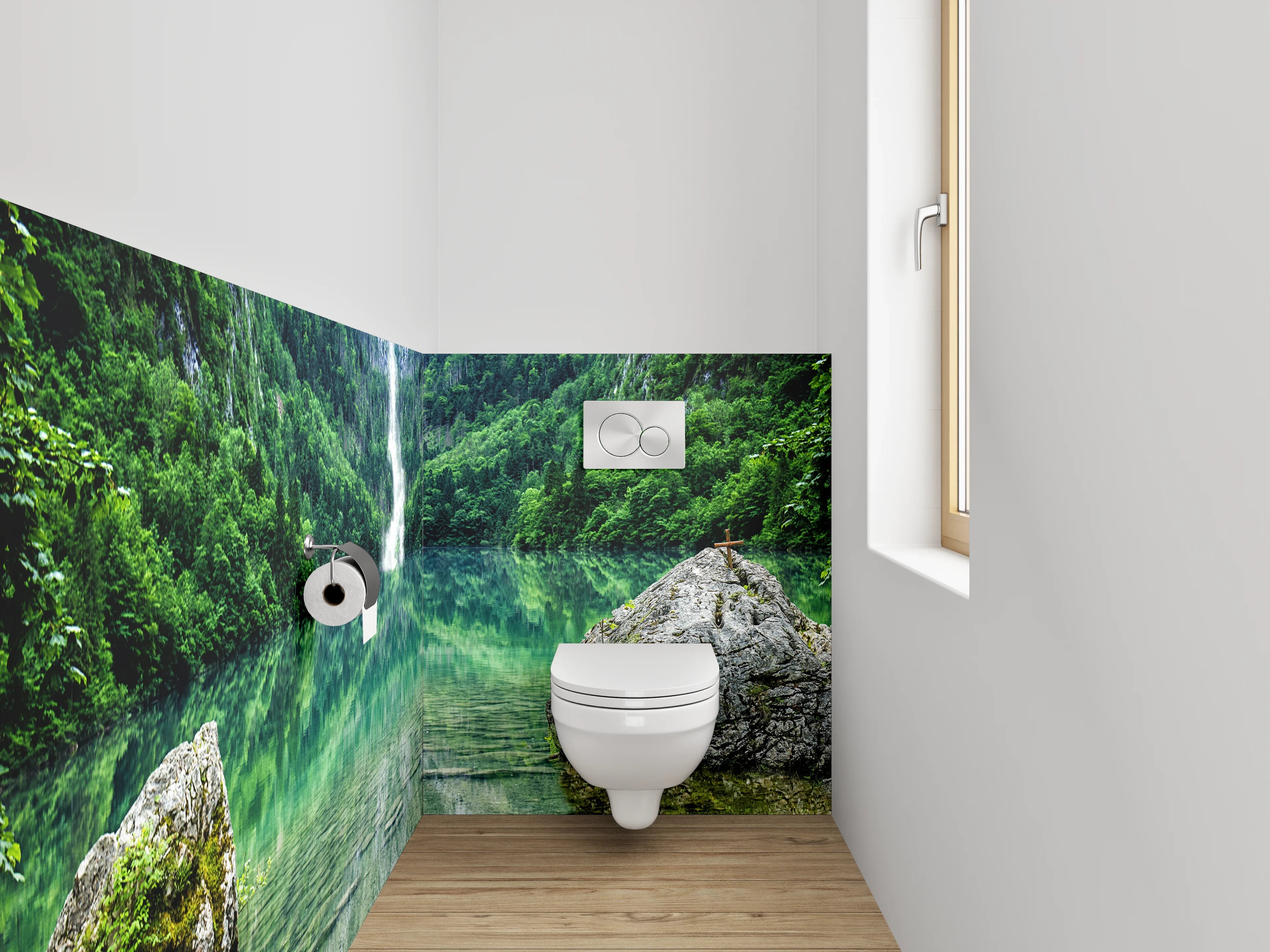WC-Rückwand - Kristallklarer Bergsee mit Wasserfall