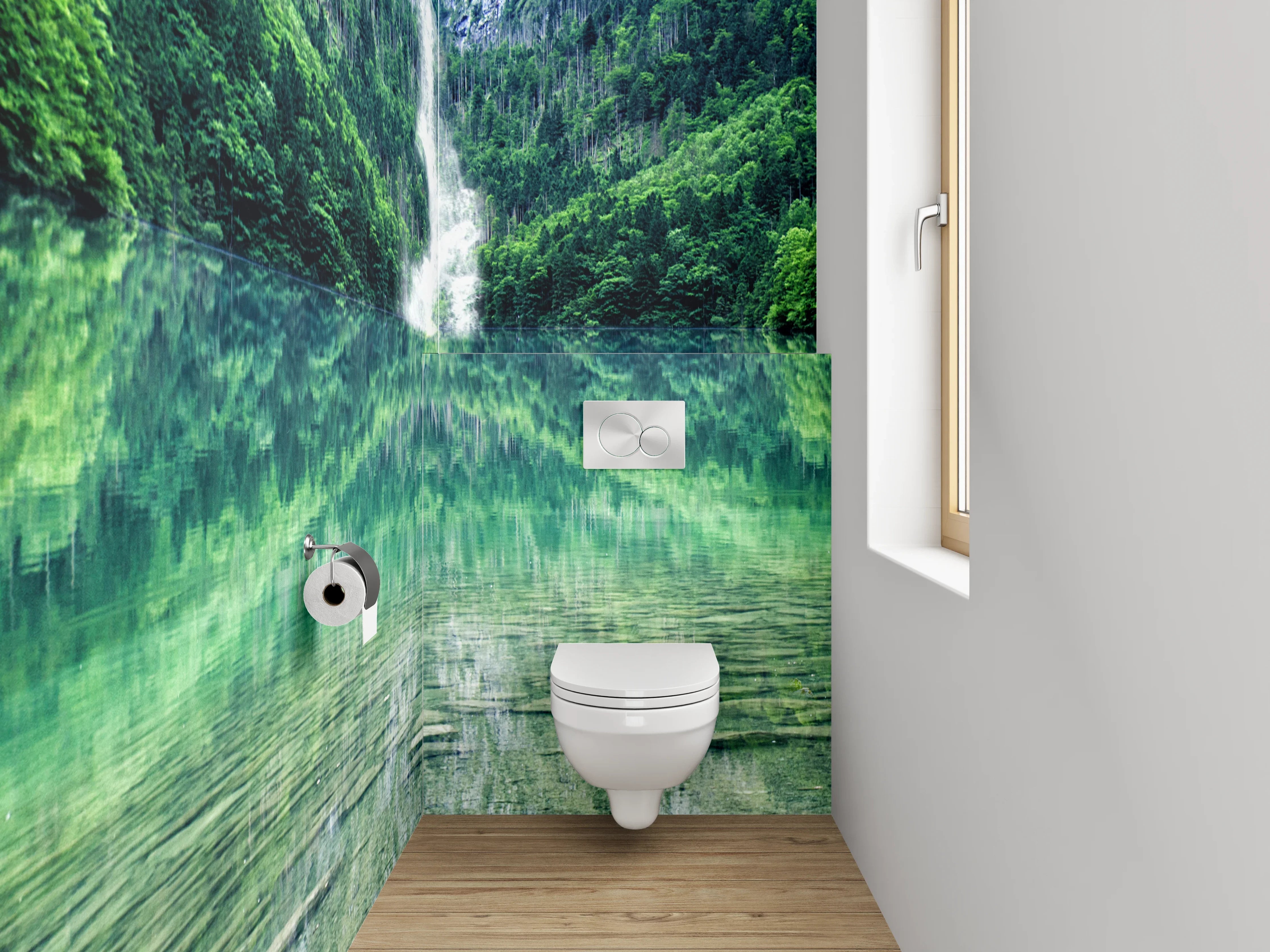 WC-Rückwand - Kristallklarer Bergsee mit Wasserfall