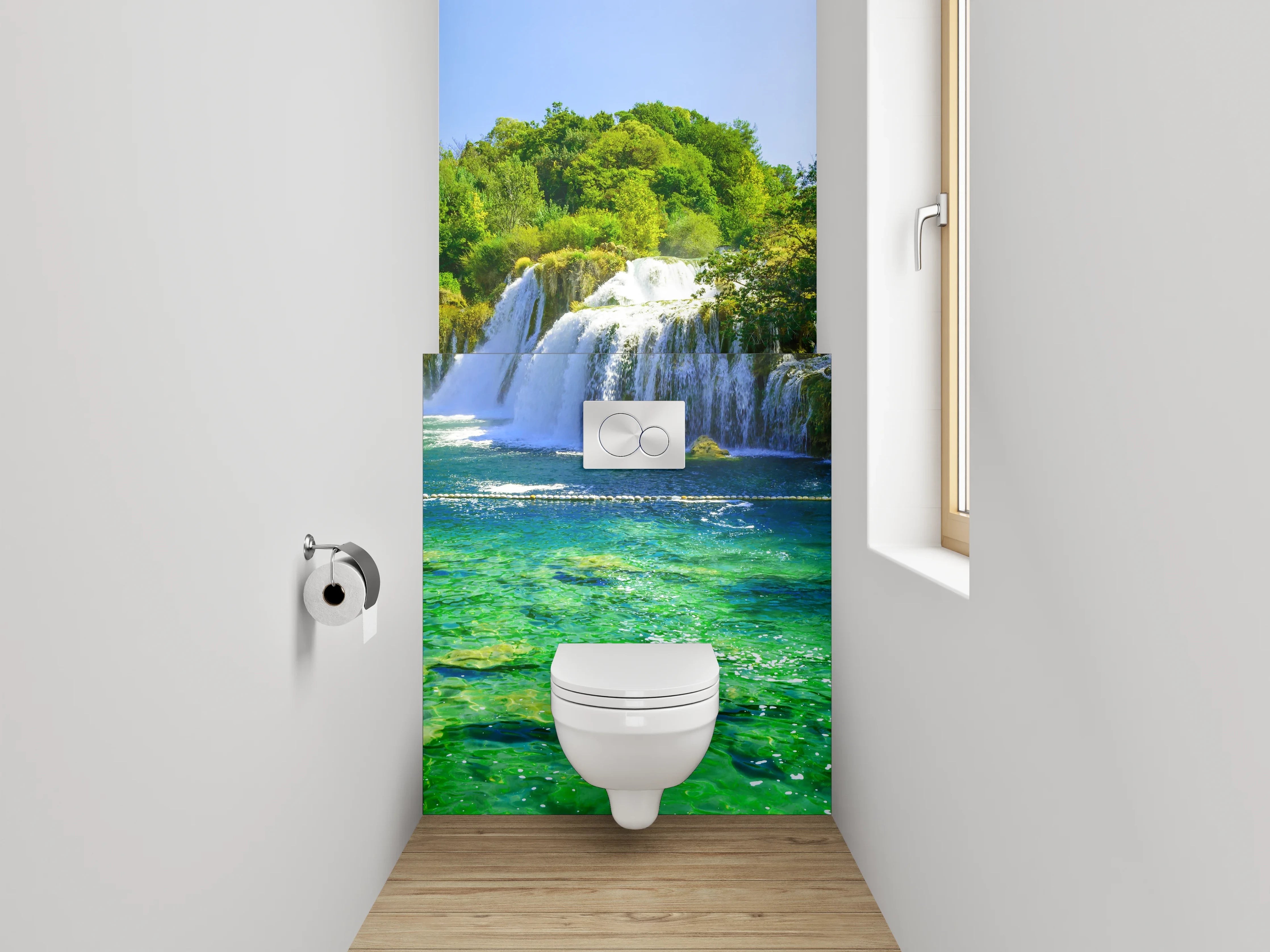 WC-Rückwand - Kristallklarer Wasserfall Naturidyll