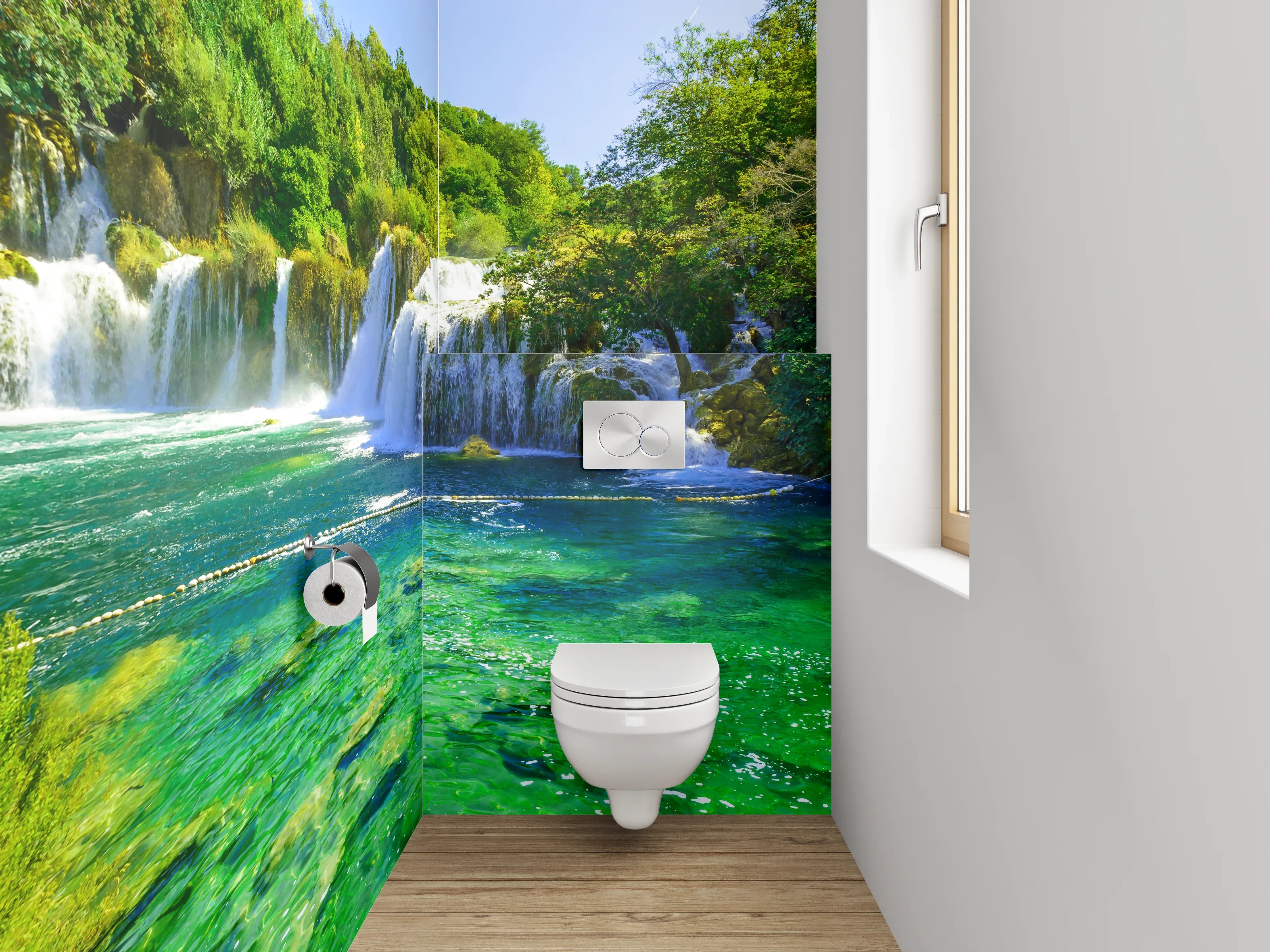 WC-Rückwand - Kristallklarer Wasserfall Naturidyll