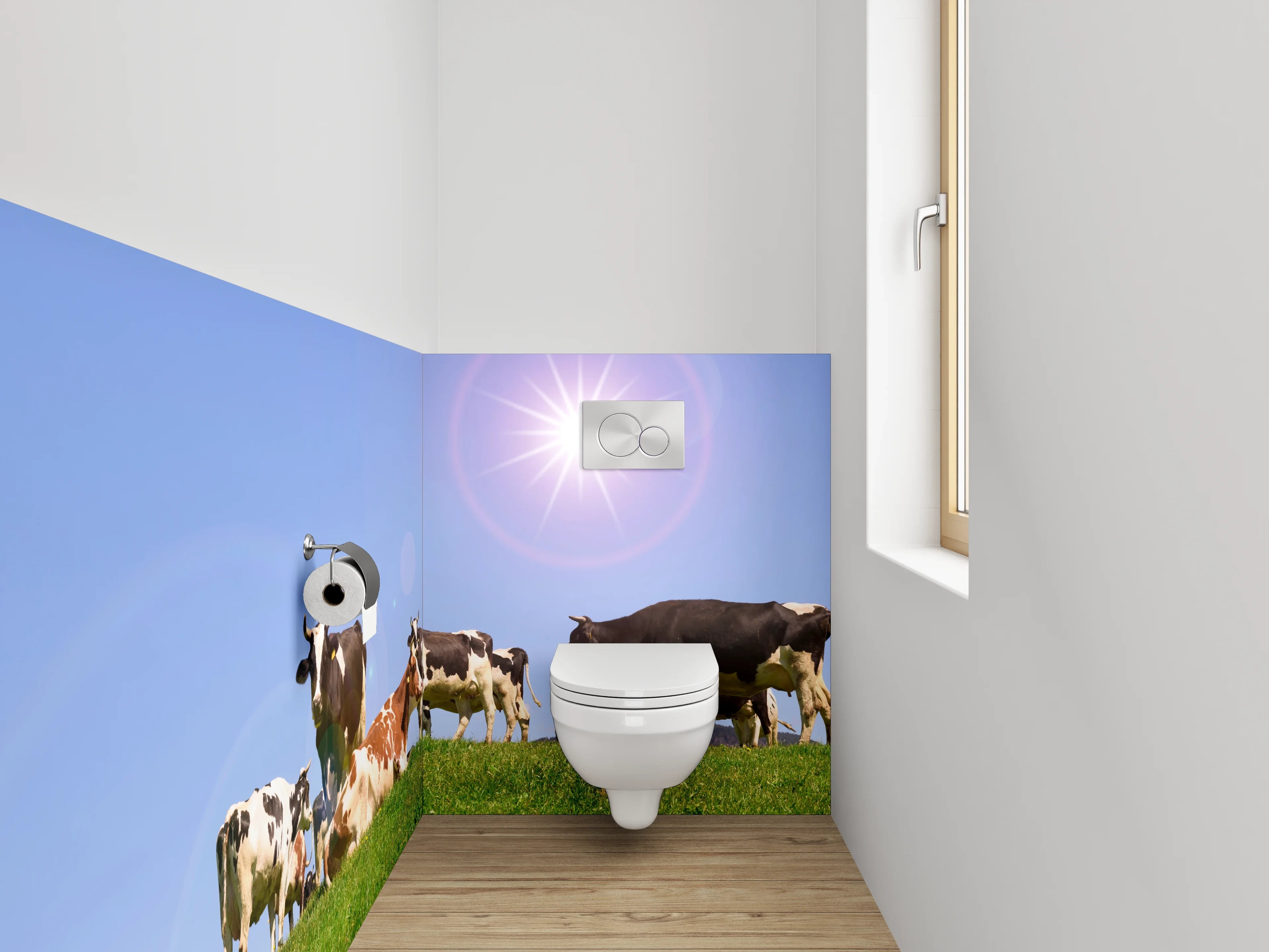 WC-Rückwand - Kühe auf grüner Weide unter Sonnenhimmel