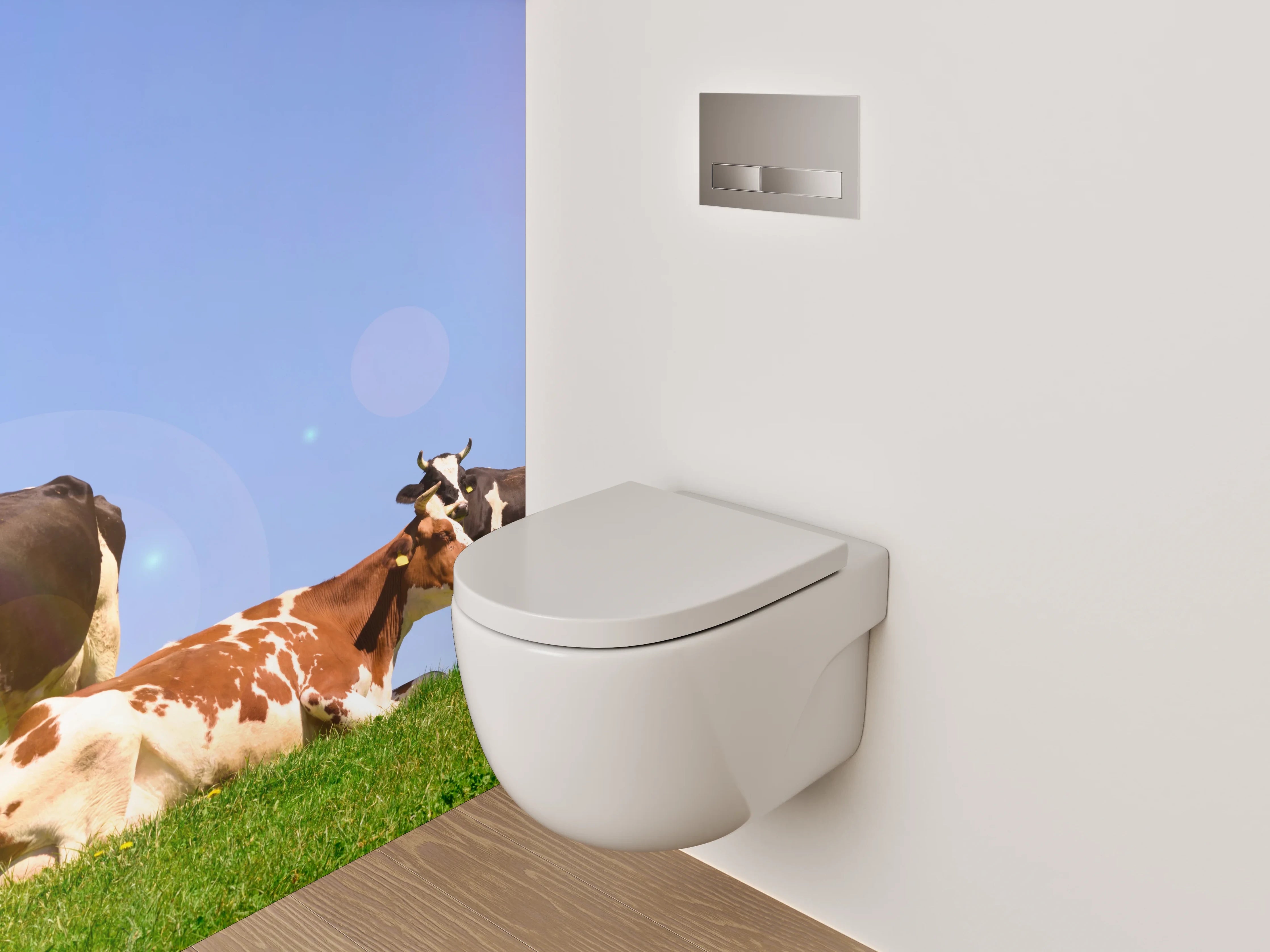 WC-Rückwand - Kühe auf grüner Weide unter Sonnenhimmel