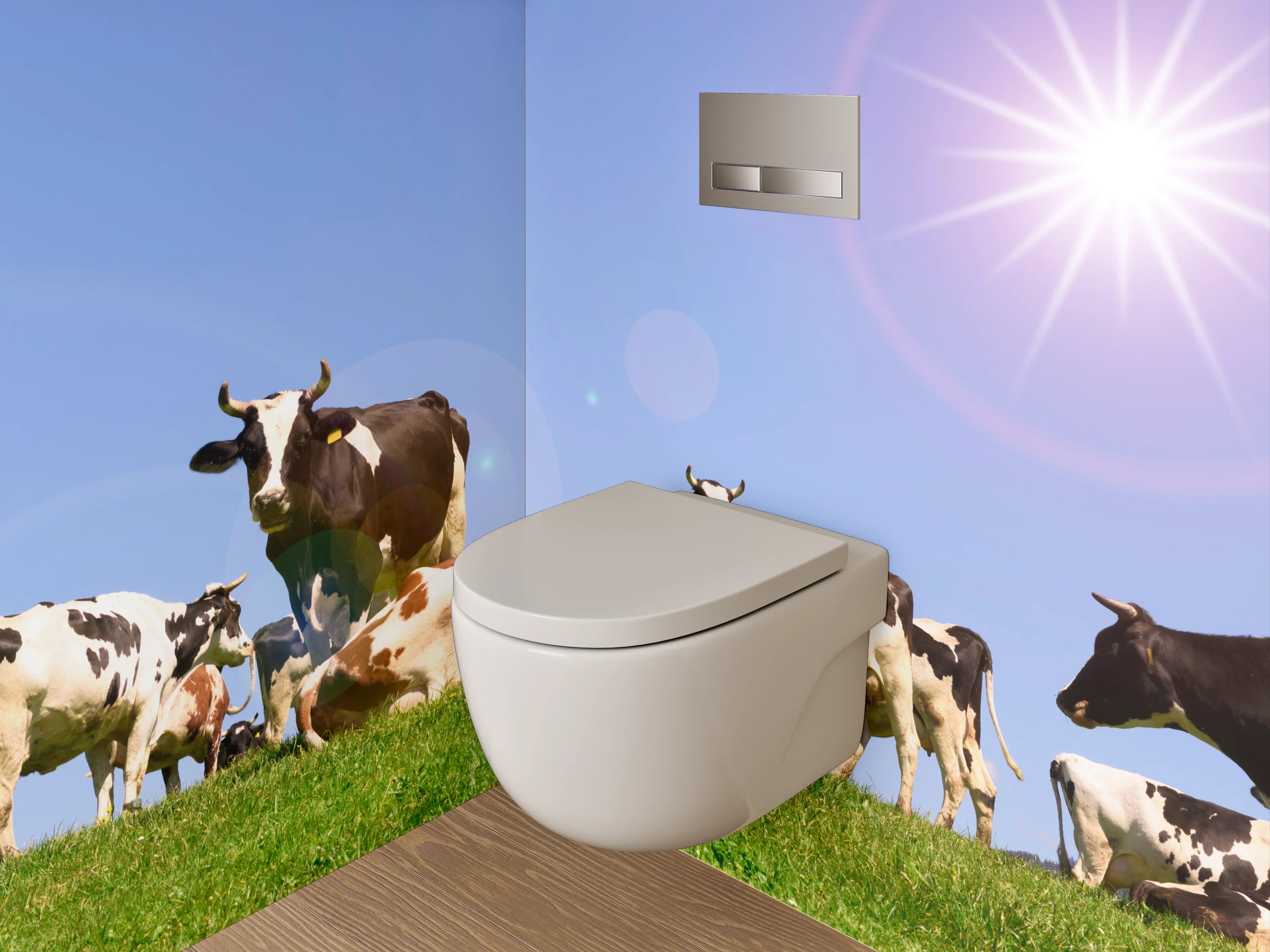 WC-Rückwand - Kühe auf grüner Weide unter Sonnenhimmel